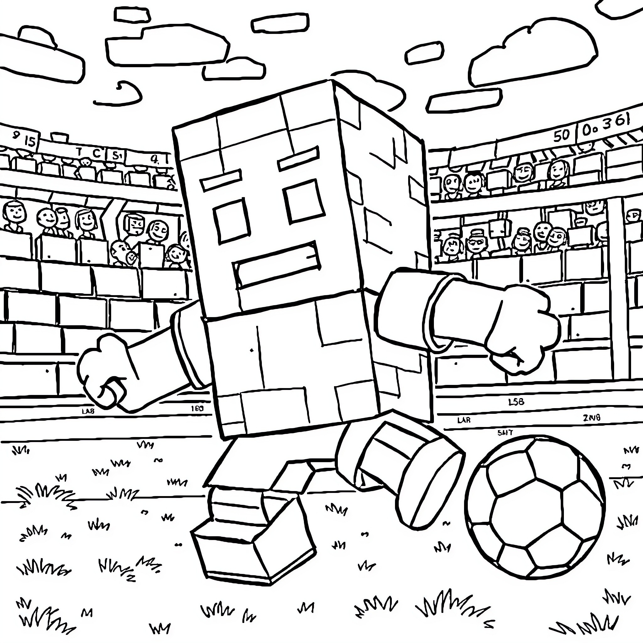 Creeper exploring a soccer stadium Coloring Page (free black-and-white line drawing printable PDF for all, from beginners to advanced learners, including children, teens, adults, and seniors)
