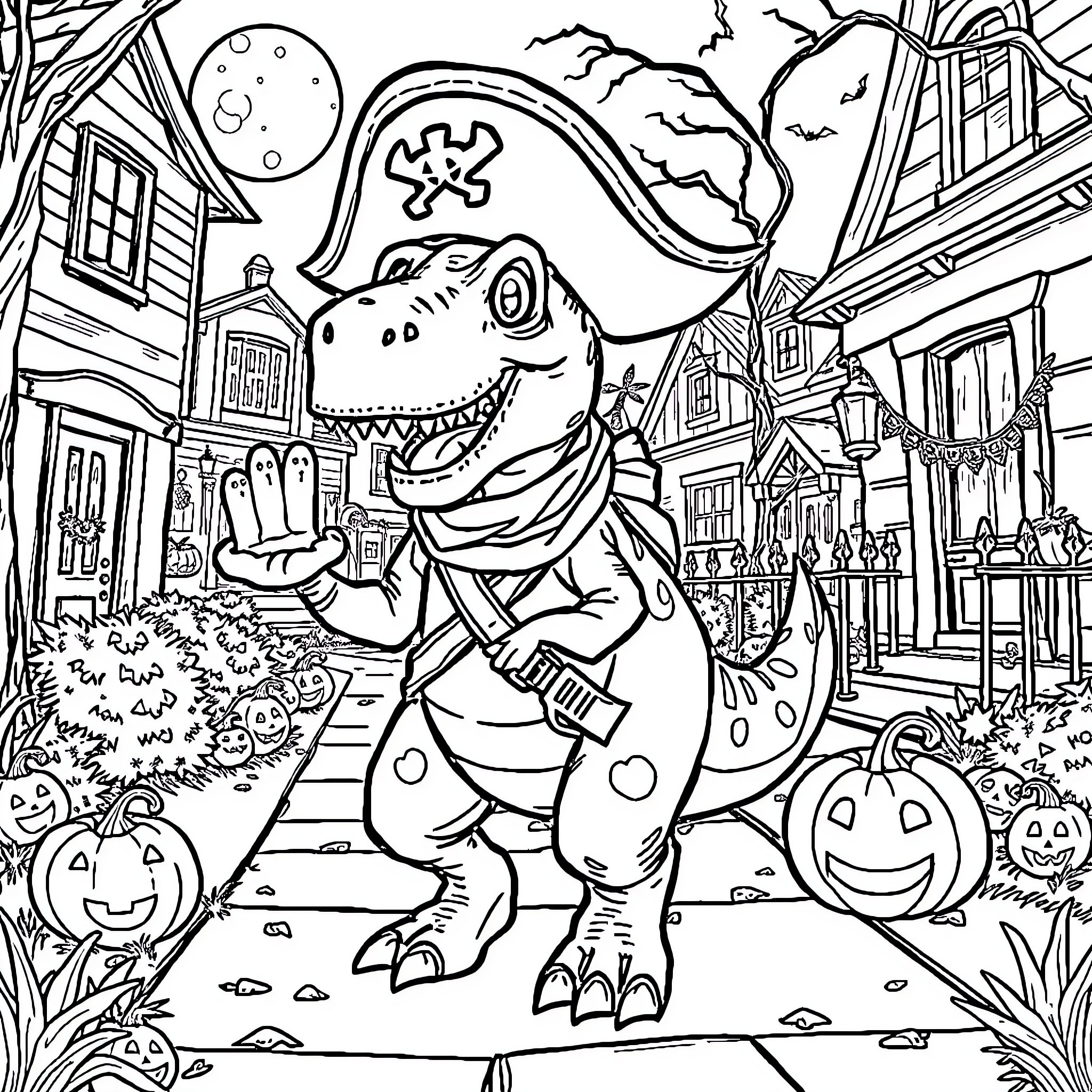 Dinosaur Pirate in Spooky Halloween Town Coloring Page (free black-and-white line drawing printable PDF for all, from beginners to advanced learners, including children, teens, adults, and seniors)