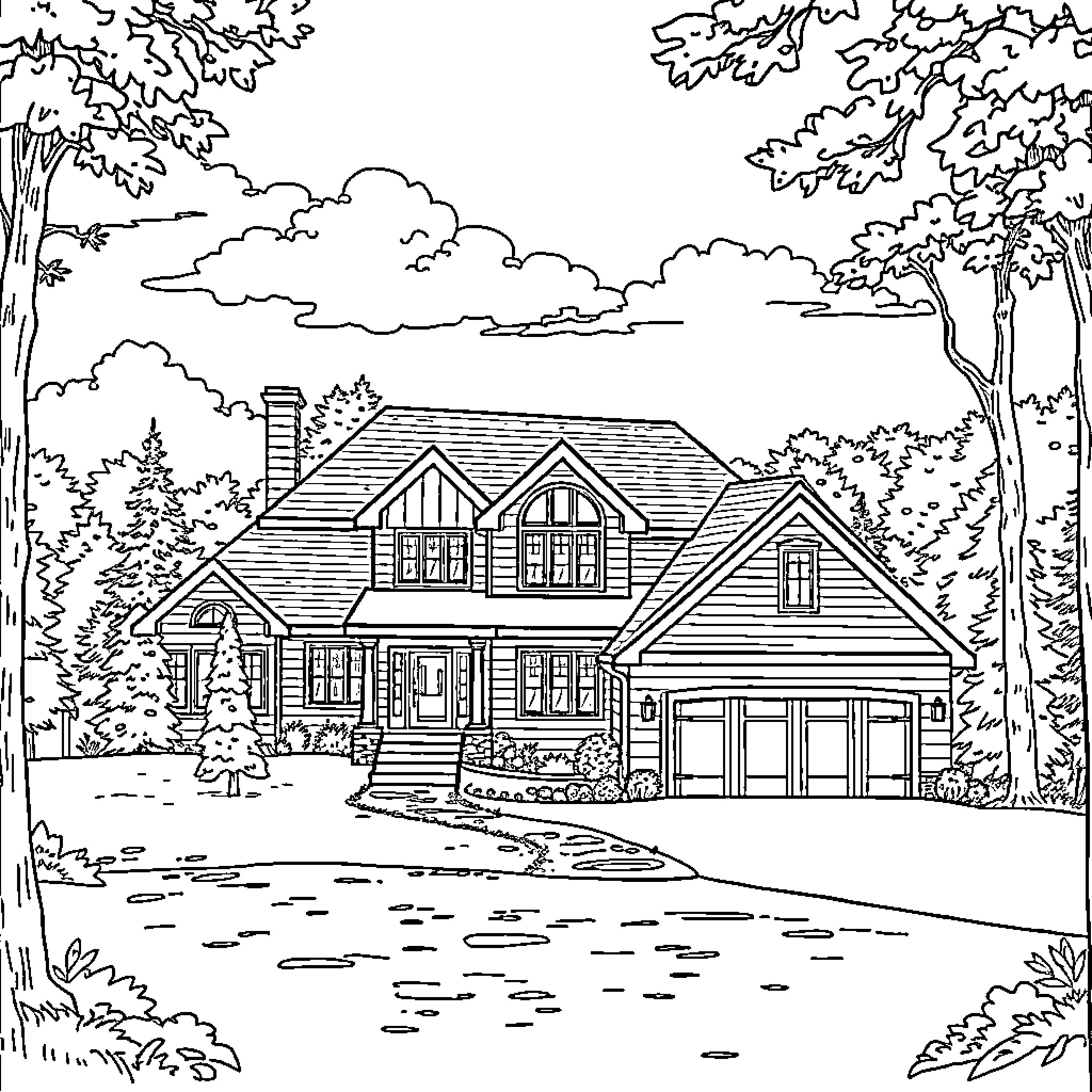 Sunfish family home in the woods Coloring Page (free black-and-white line drawing printable PDF for all, from beginners to advanced learners, including children, teens, adults, and seniors)