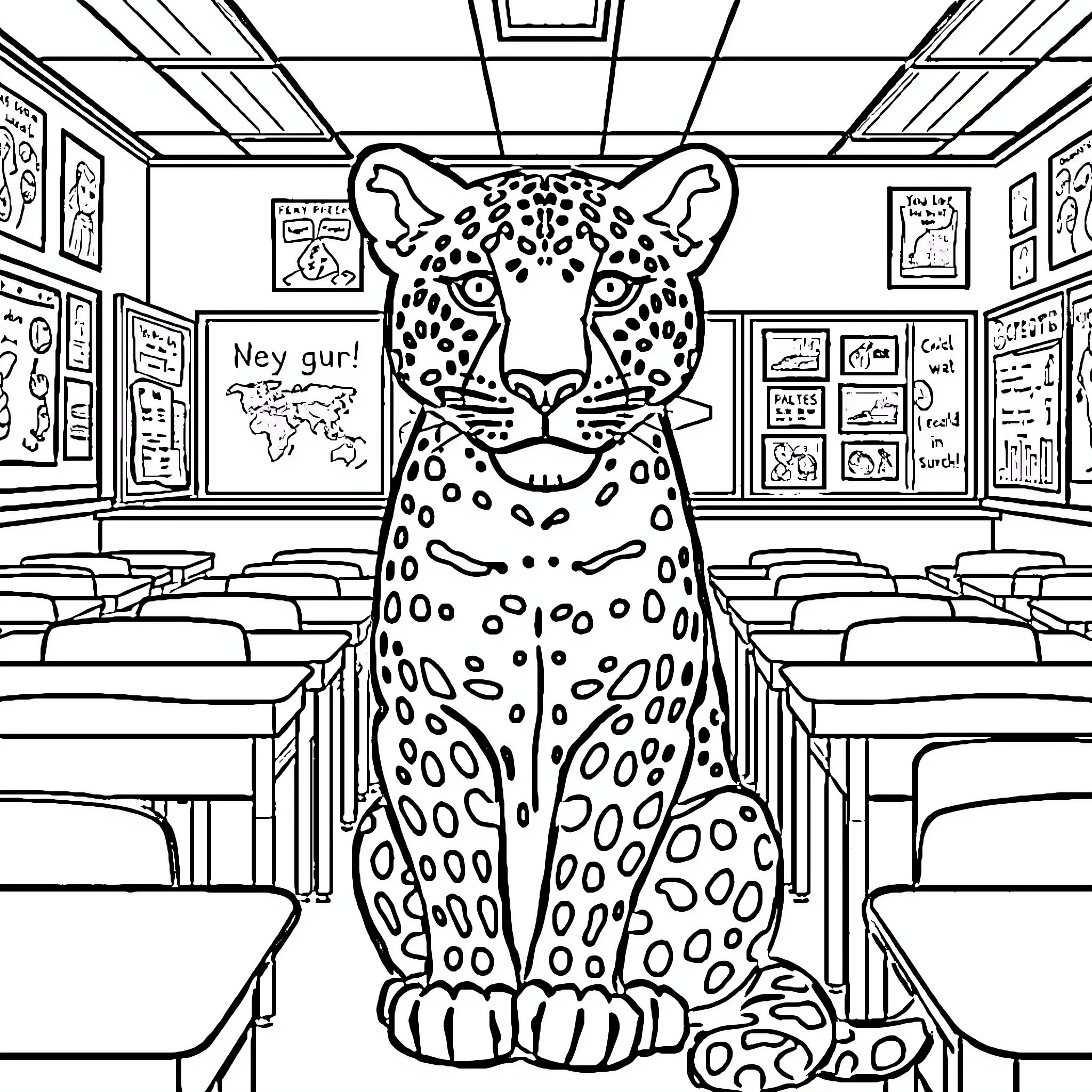 Leopard Guards the Classroom Coloring Page (free black-and-white line drawing printable PDF for all, from beginners to advanced learners, including children, teens, adults, and seniors)