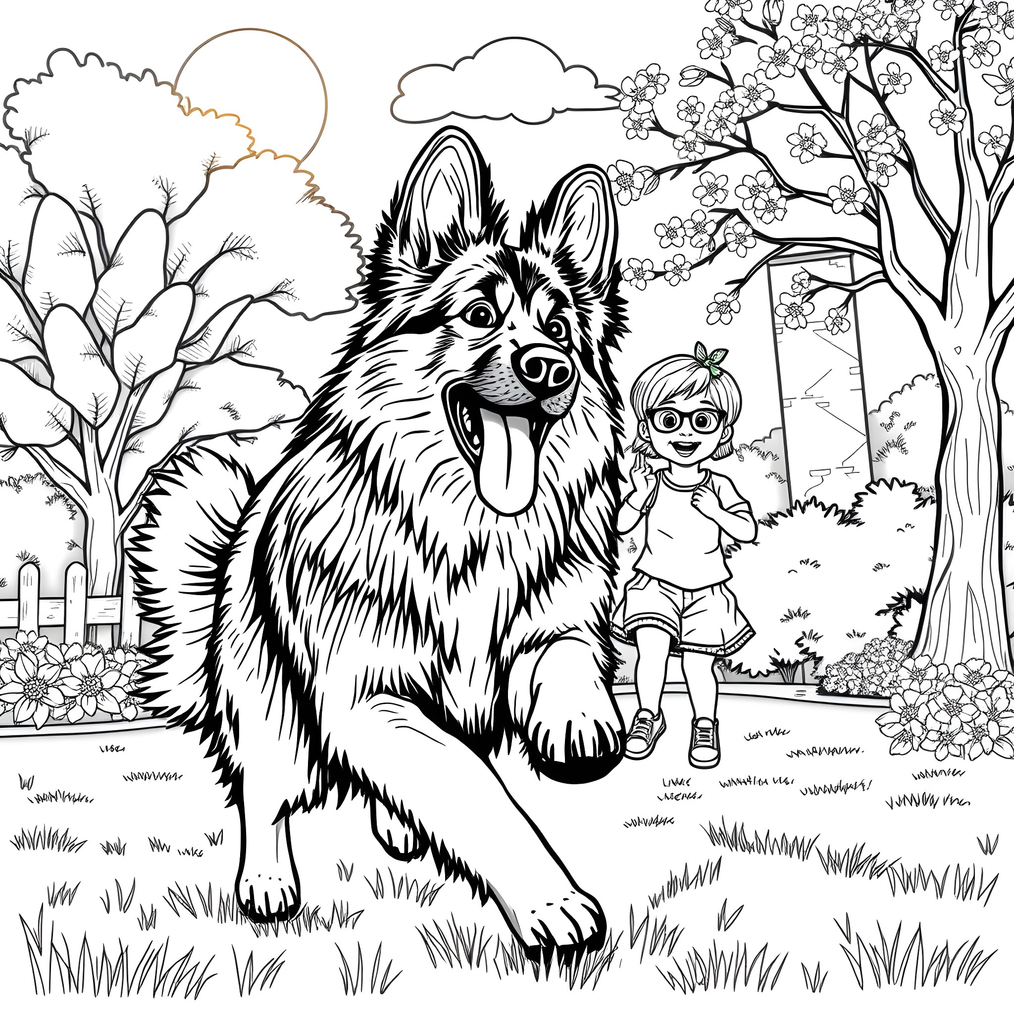 German Shepherd guarding a young child in the park Coloring Page (free black-and-white line drawing printable PDF for all, from beginners to advanced learners, including children, teens, adults, and seniors)