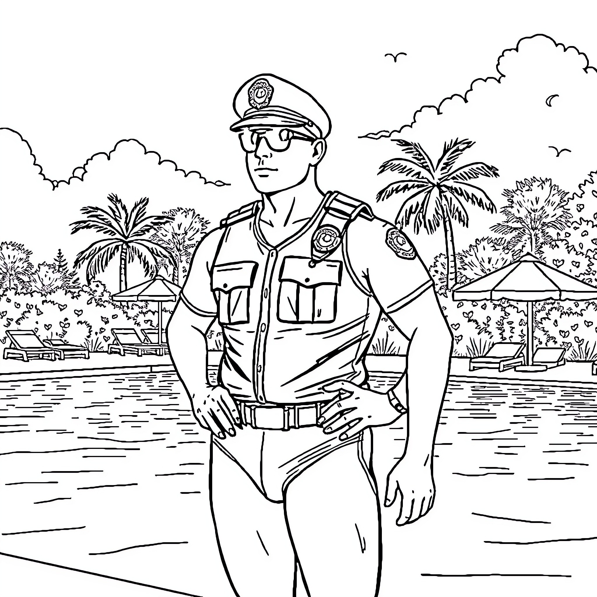 Police Officer Patrolling Scenic Tropical Beach Coloring Page (free black-and-white line drawing printable PDF for all, from beginners to advanced learners, including children, teens, adults, and seniors)