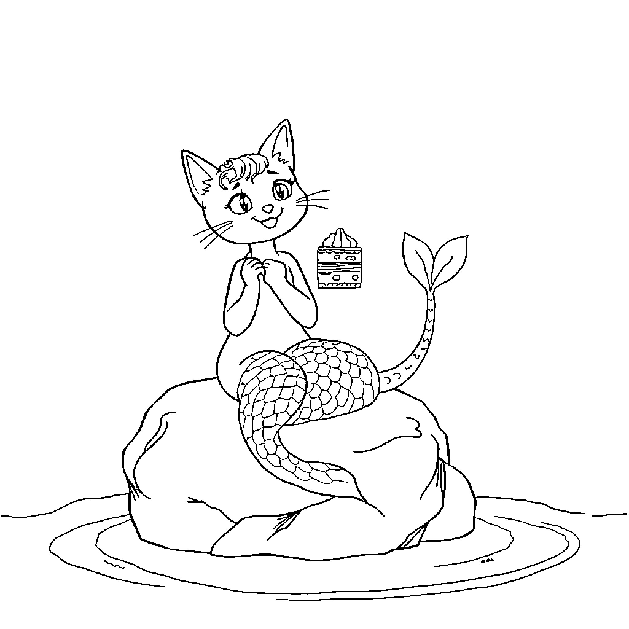 Cat Mermaid with Treasure Chest on Ocean Floor Coloring Page (free black-and-white line drawing printable PDF for all, from beginners to advanced learners, including children, teens, adults, and seniors)
