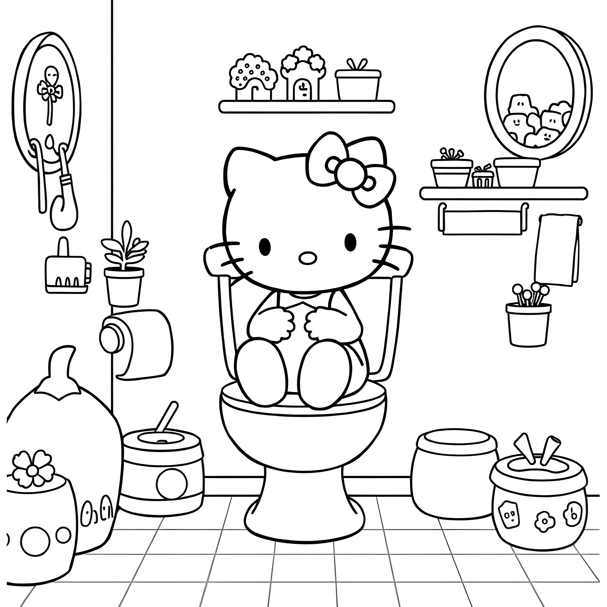 Hello Kitty relaxing in the bathroom Coloring Page (free black-and-white line drawing printable PDF for all, from beginners to advanced learners, including children, teens, adults, and seniors)