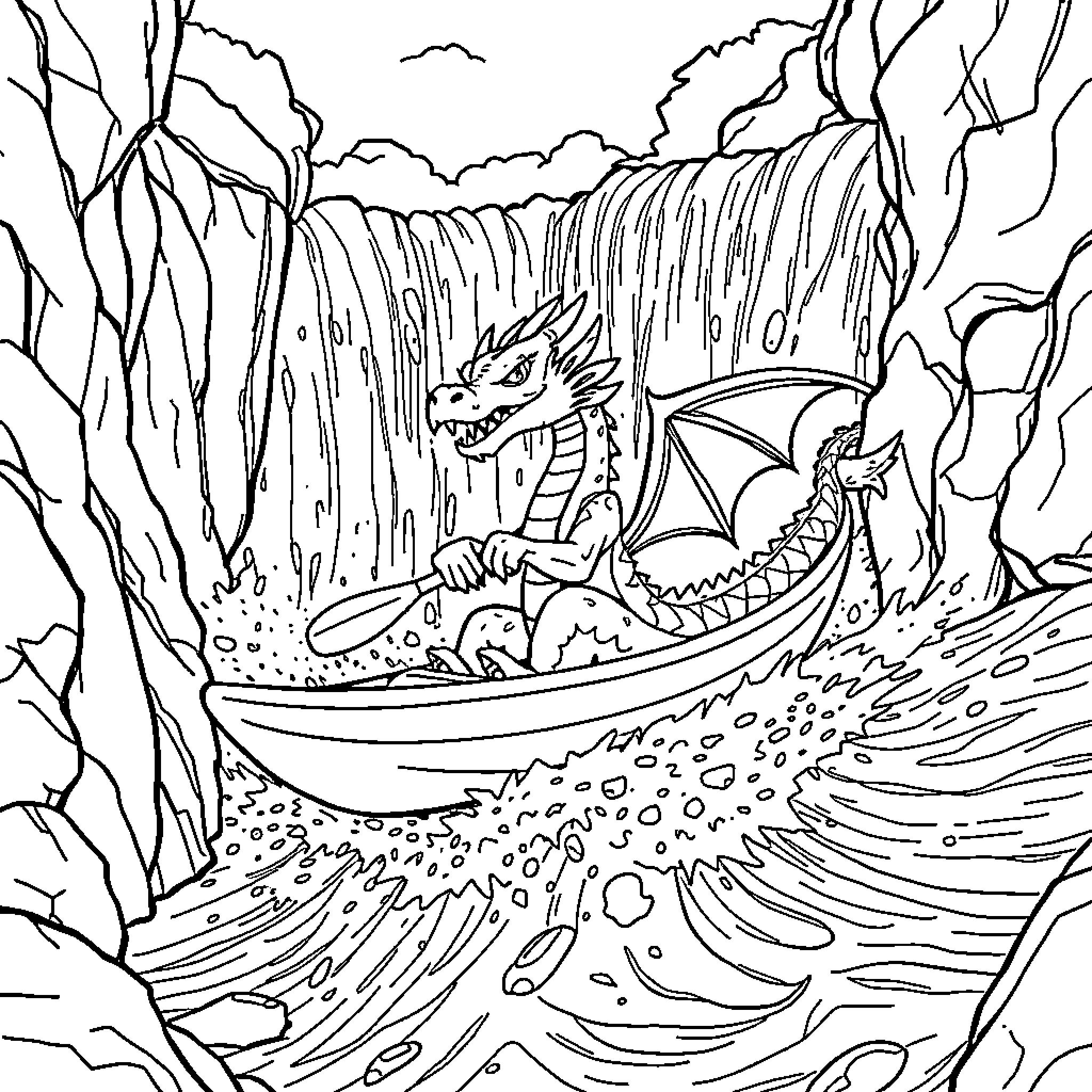 Dragon navigating treacherous waterfall in a boat Coloring Page (free black-and-white line drawing printable PDF for all, from beginners to advanced learners, including children, teens, adults, and seniors)