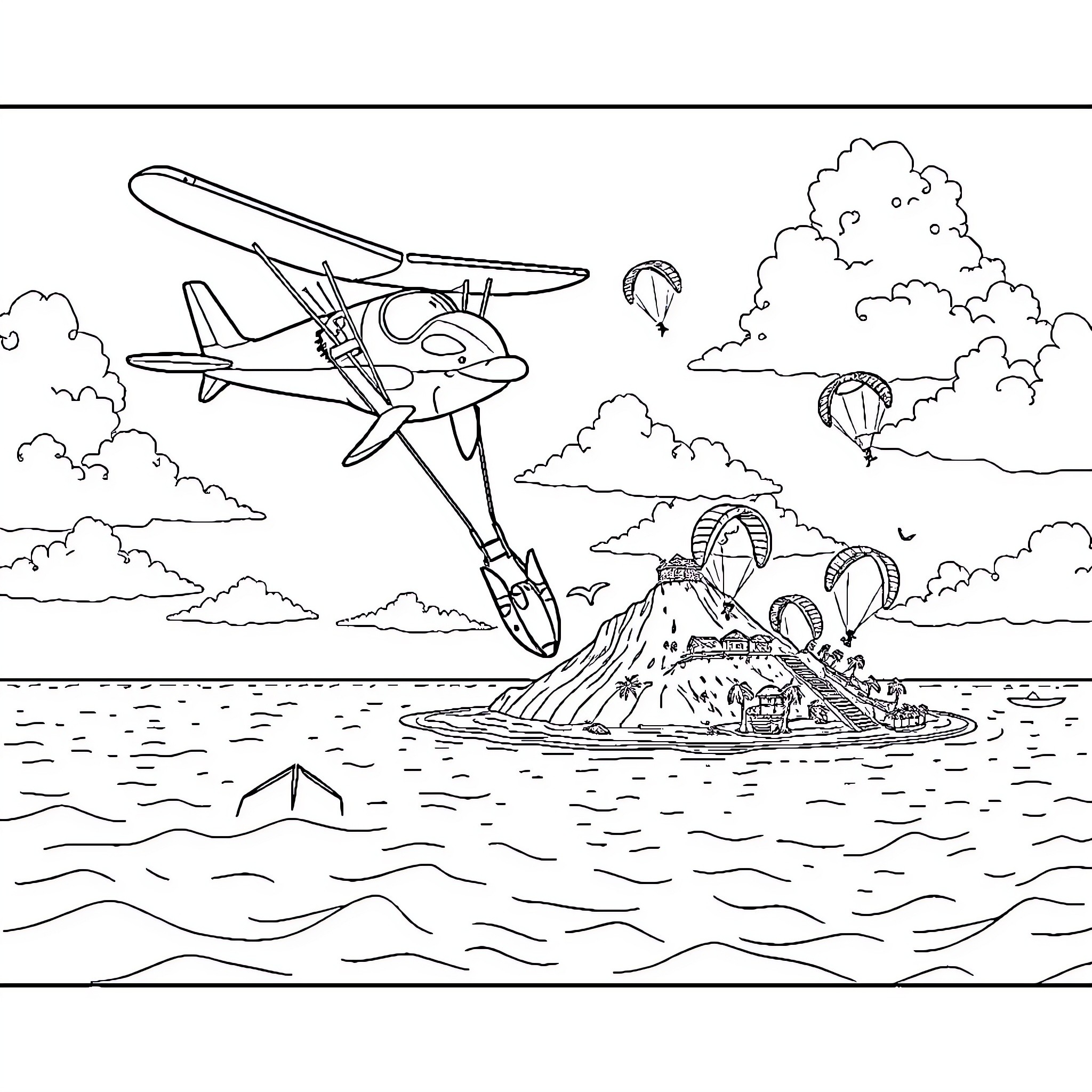 Dolphin soaring through clouds over tropical paradise Coloring Page (free black-and-white line drawing printable PDF for all, from beginners to advanced learners, including children, teens, adults, and seniors)
