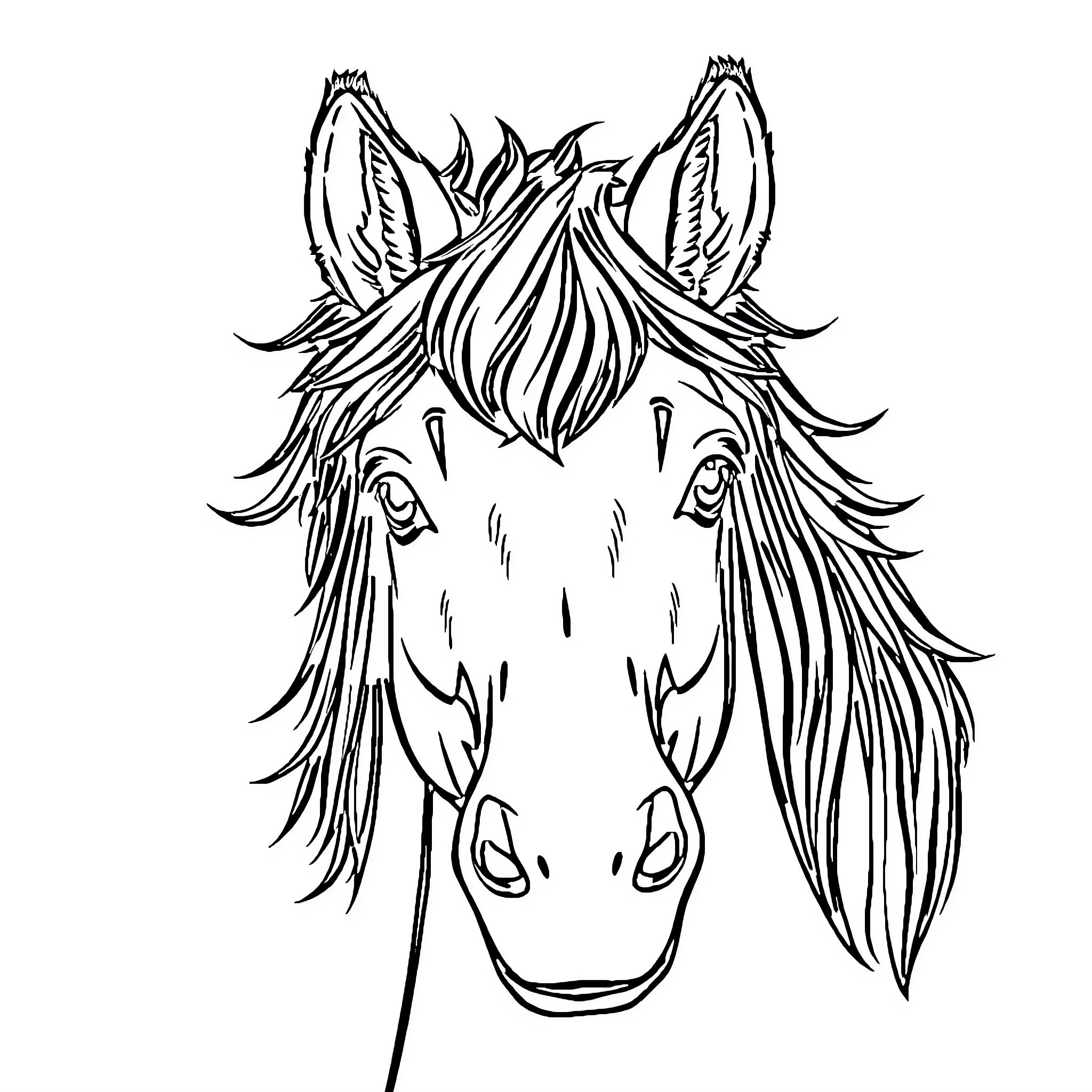 Horse with expressive mane and facial features Coloring Page (free black-and-white line drawing printable PDF for all, from beginners to advanced learners, including children, teens, adults, and seniors)