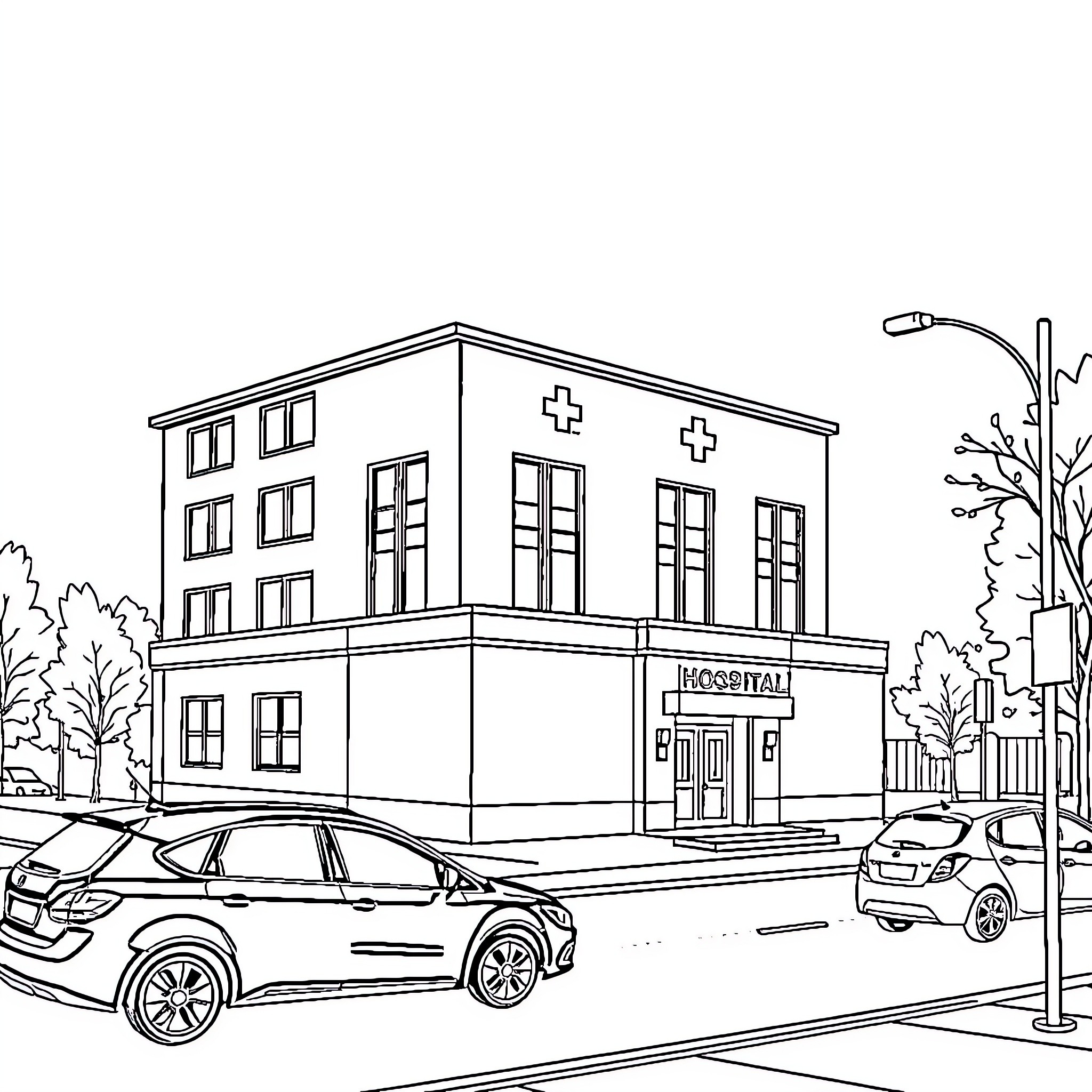 Hospital Building with Cars and Street Lamp Coloring Page (free black-and-white line drawing printable PDF for all, from beginners to advanced learners, including children, teens, adults, and seniors)