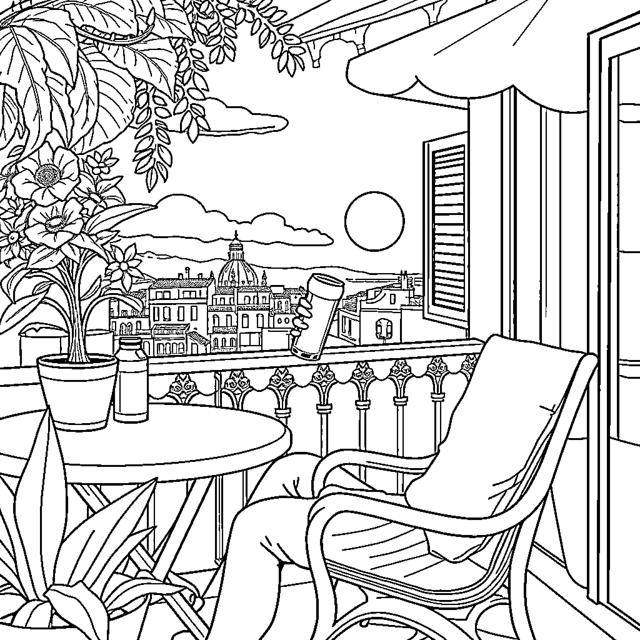 Man relaxing on balcony overlooking cityscape Coloring Page (free black-and-white line drawing printable PDF for all, from beginners to advanced learners, including children, teens, adults, and seniors)
