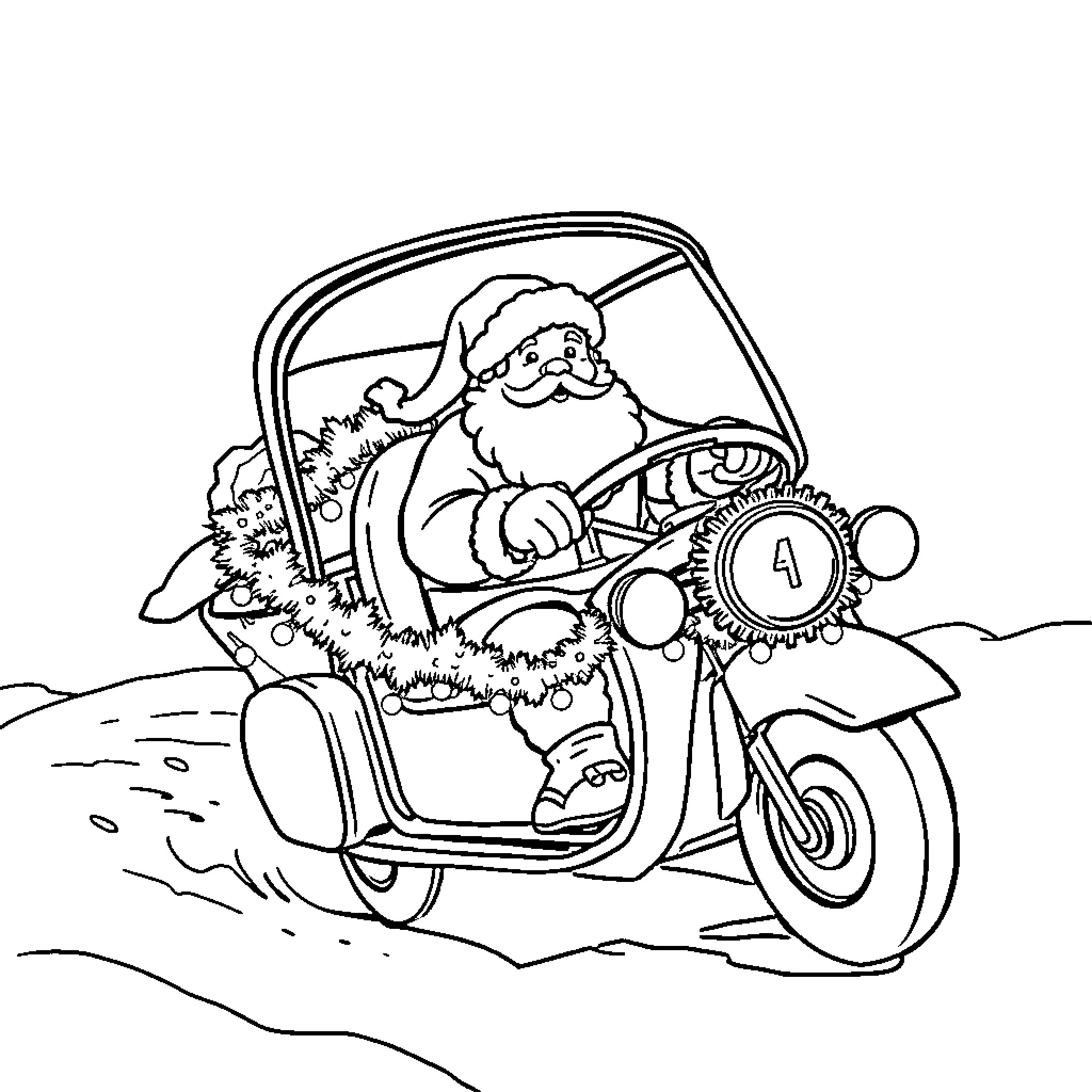Santa riding motorcycle with wreath and gifts Coloring Page (free black-and-white line drawing printable PDF for all, from beginners to advanced learners, including children, teens, adults, and seniors)