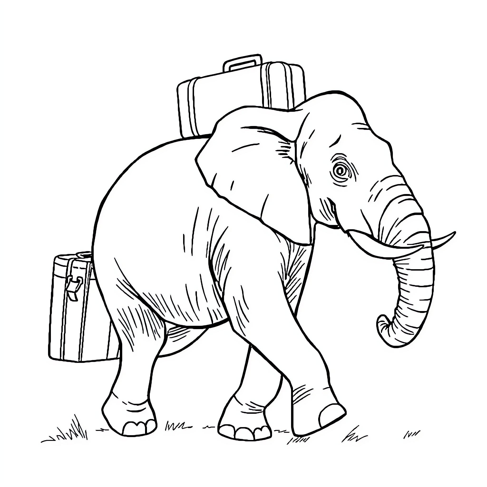Elephant Carrying Luggage on a Journey Coloring Page (free black-and-white line drawing printable PDF for all, from beginners to advanced learners, including children, teens, adults, and seniors)