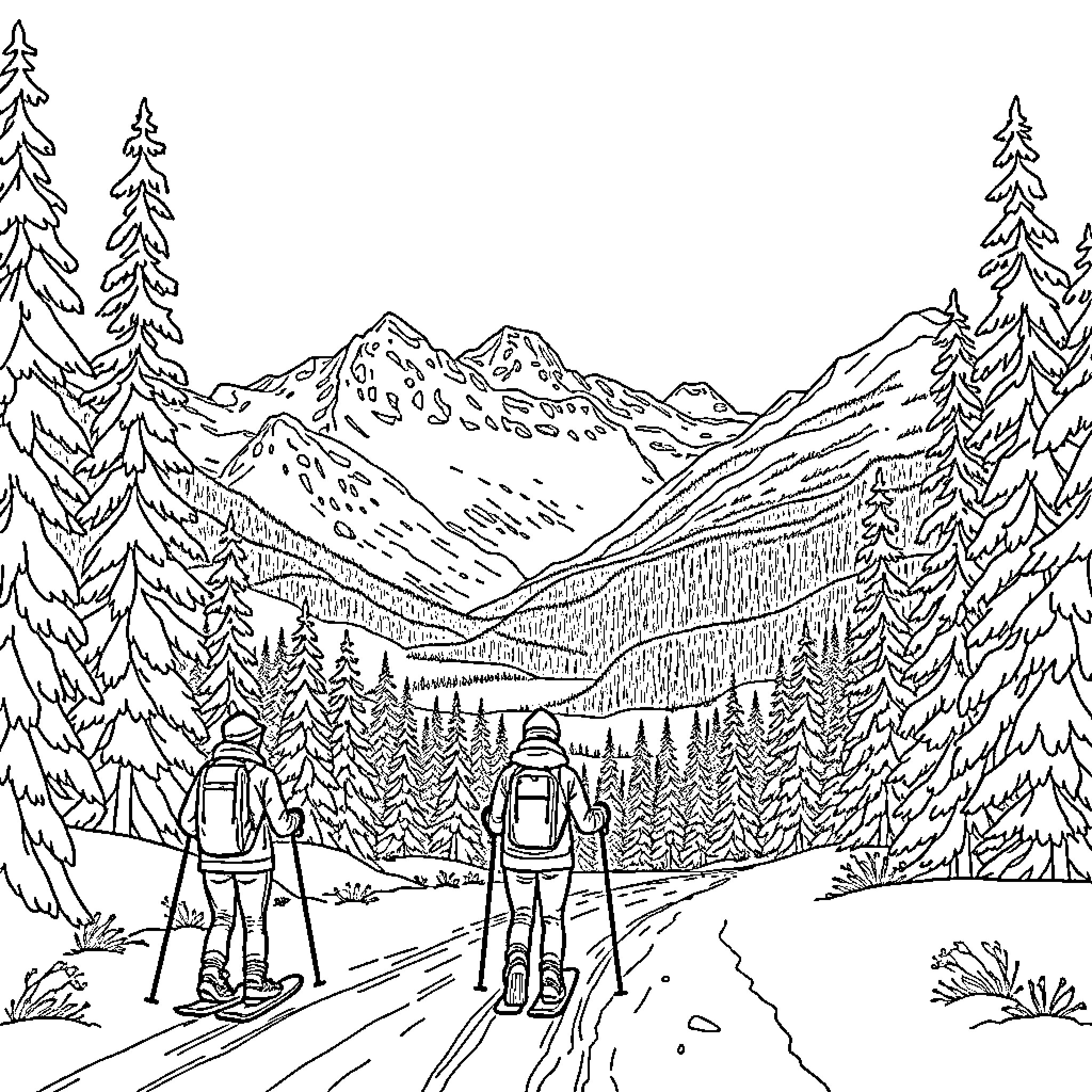Snowshoeing through the snowy mountain landscape Coloring Page (free black-and-white line drawing printable PDF for all, from beginners to advanced learners, including children, teens, adults, and seniors)