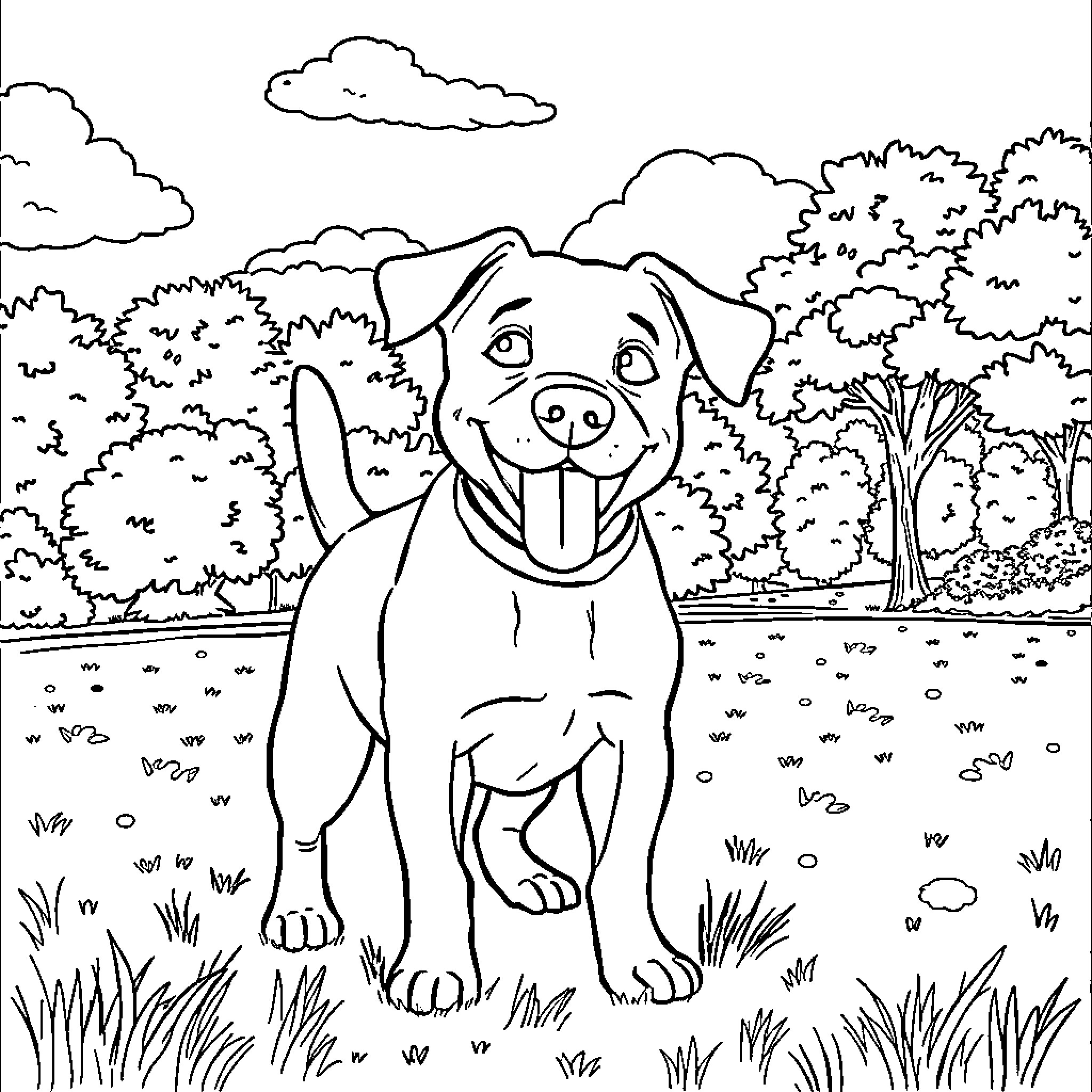 Dog playing in a lush outdoor scene Coloring Page (free black-and-white line drawing printable PDF for all, from beginners to advanced learners, including children, teens, adults, and seniors)