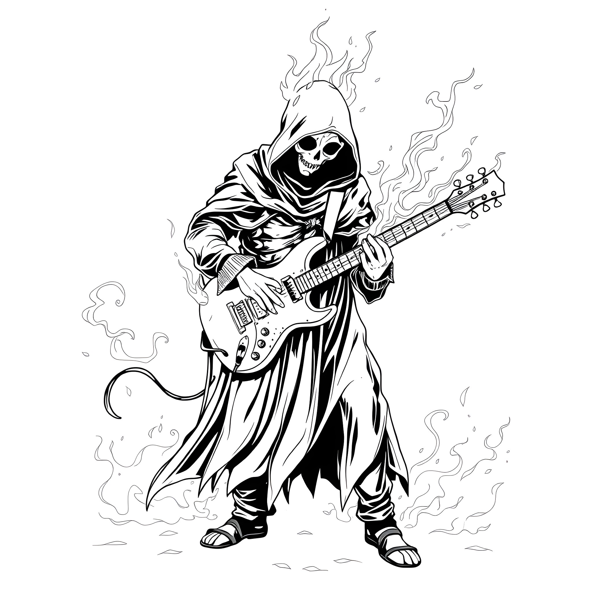 Ghost Musician Playing Electric Guitar in Flames Coloring Page (free black-and-white line drawing printable PDF for all, from beginners to advanced learners, including children, teens, adults, and seniors)