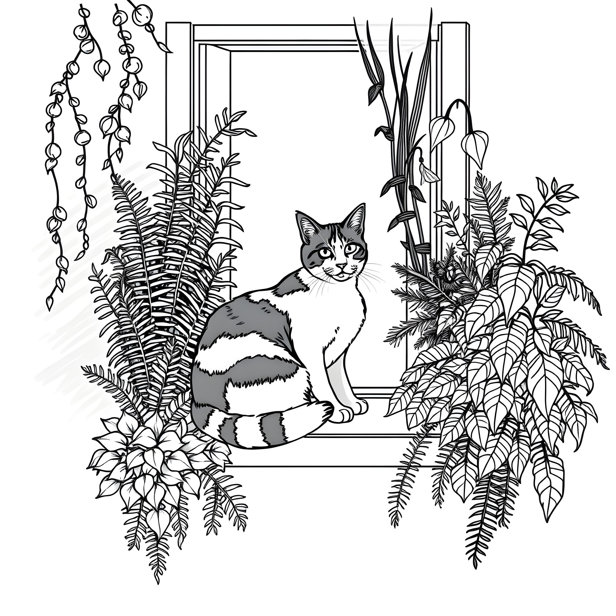 Cat in a Lush Botanical Frame Coloring Page (free black-and-white line drawing printable PDF for all, from beginners to advanced learners, including children, teens, adults, and seniors)