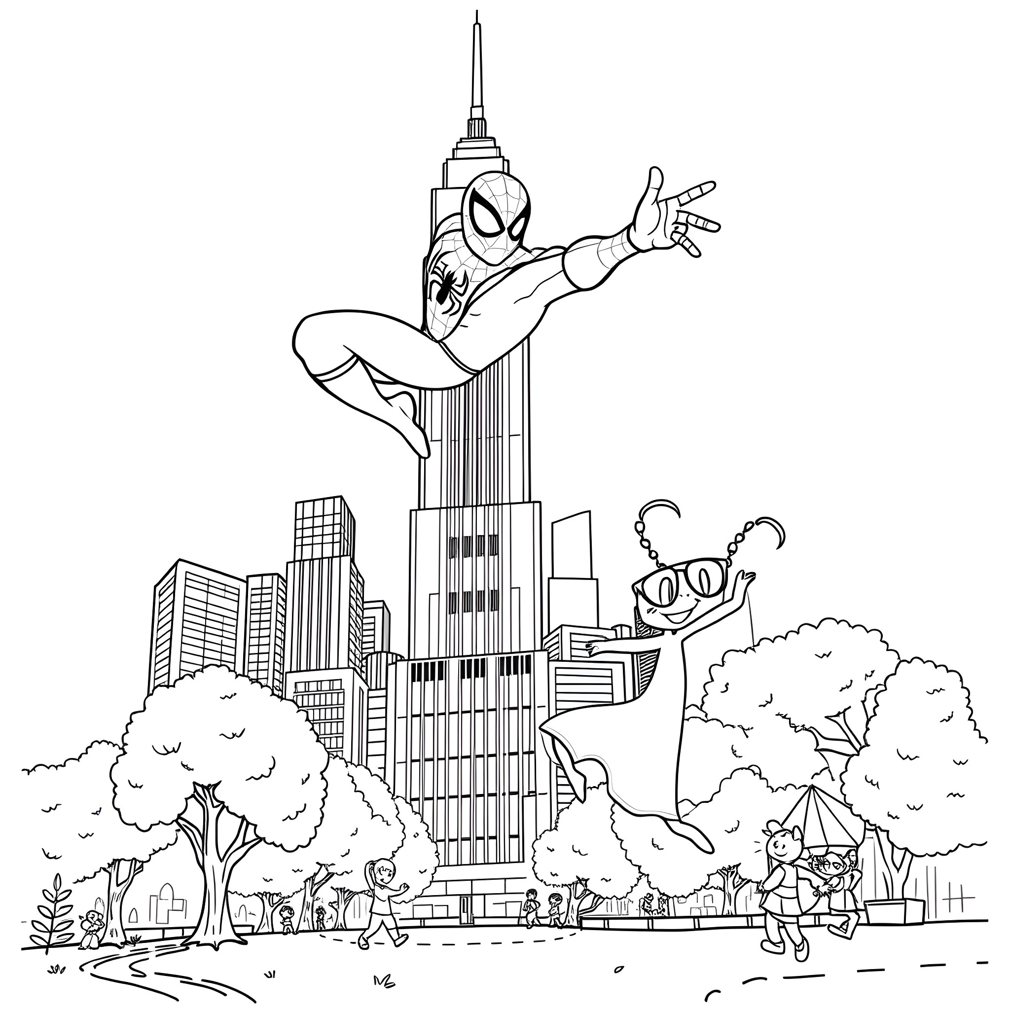 Spider-Man swinging through New York City skyline Coloring Page (free black-and-white line drawing printable PDF for all, from beginners to advanced learners, including children, teens, adults, and seniors)