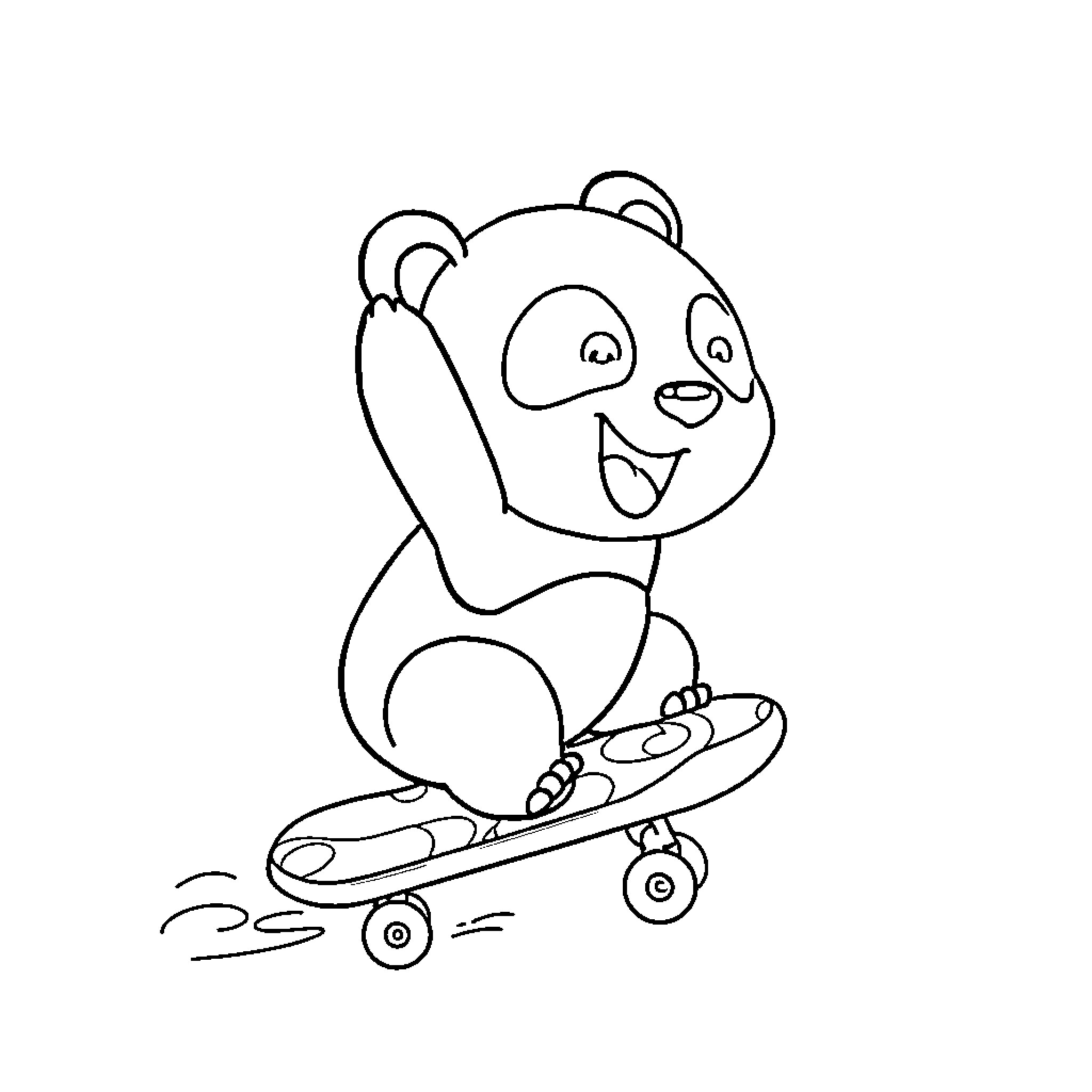 Panda riding skateboard cheerfully Coloring Page (free black-and-white line drawing printable PDF for all, from beginners to advanced learners, including children, teens, adults, and seniors)
