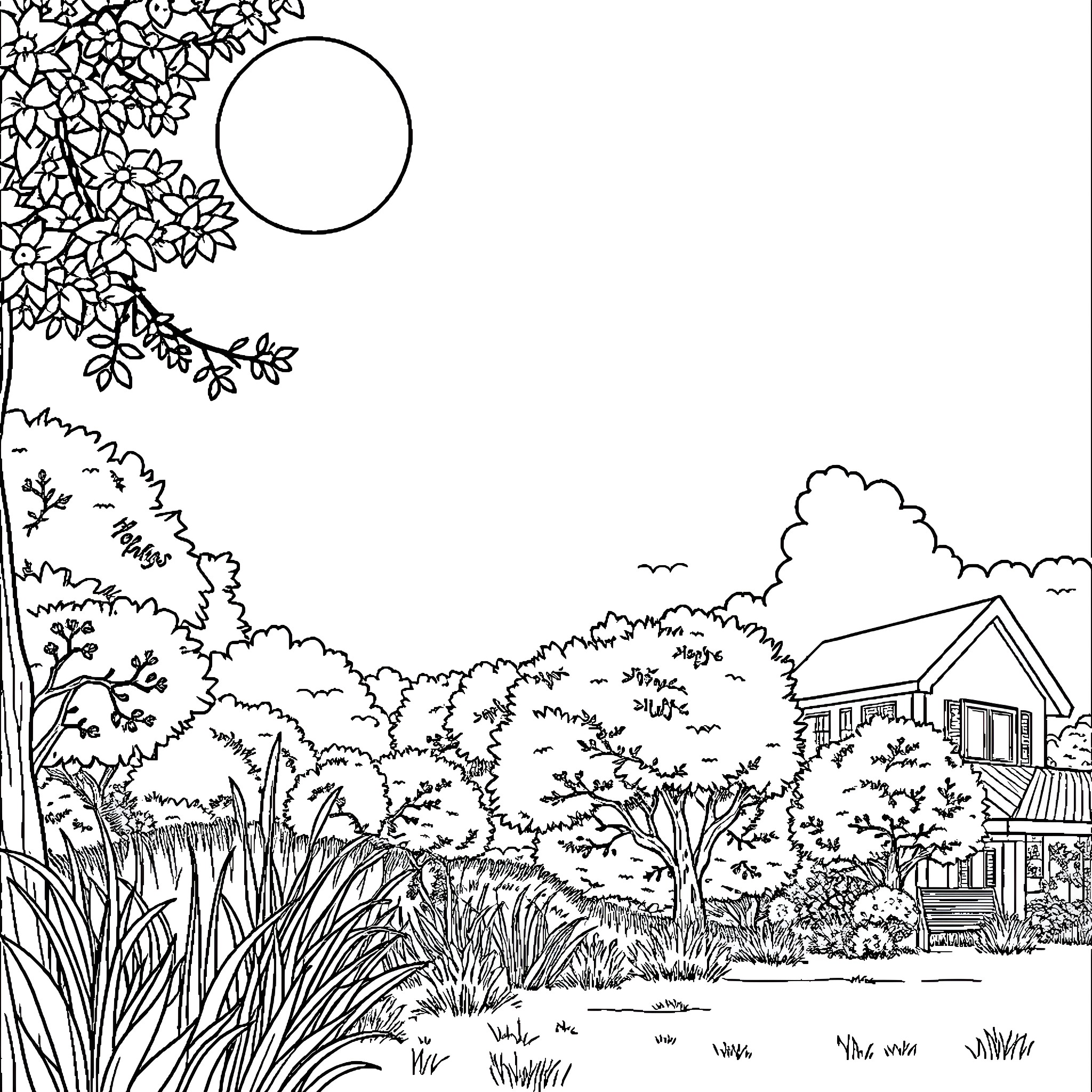Summer landscape with trees, house, and full moon Coloring Page (free black-and-white line drawing printable PDF for all, from beginners to advanced learners, including children, teens, adults, and seniors)