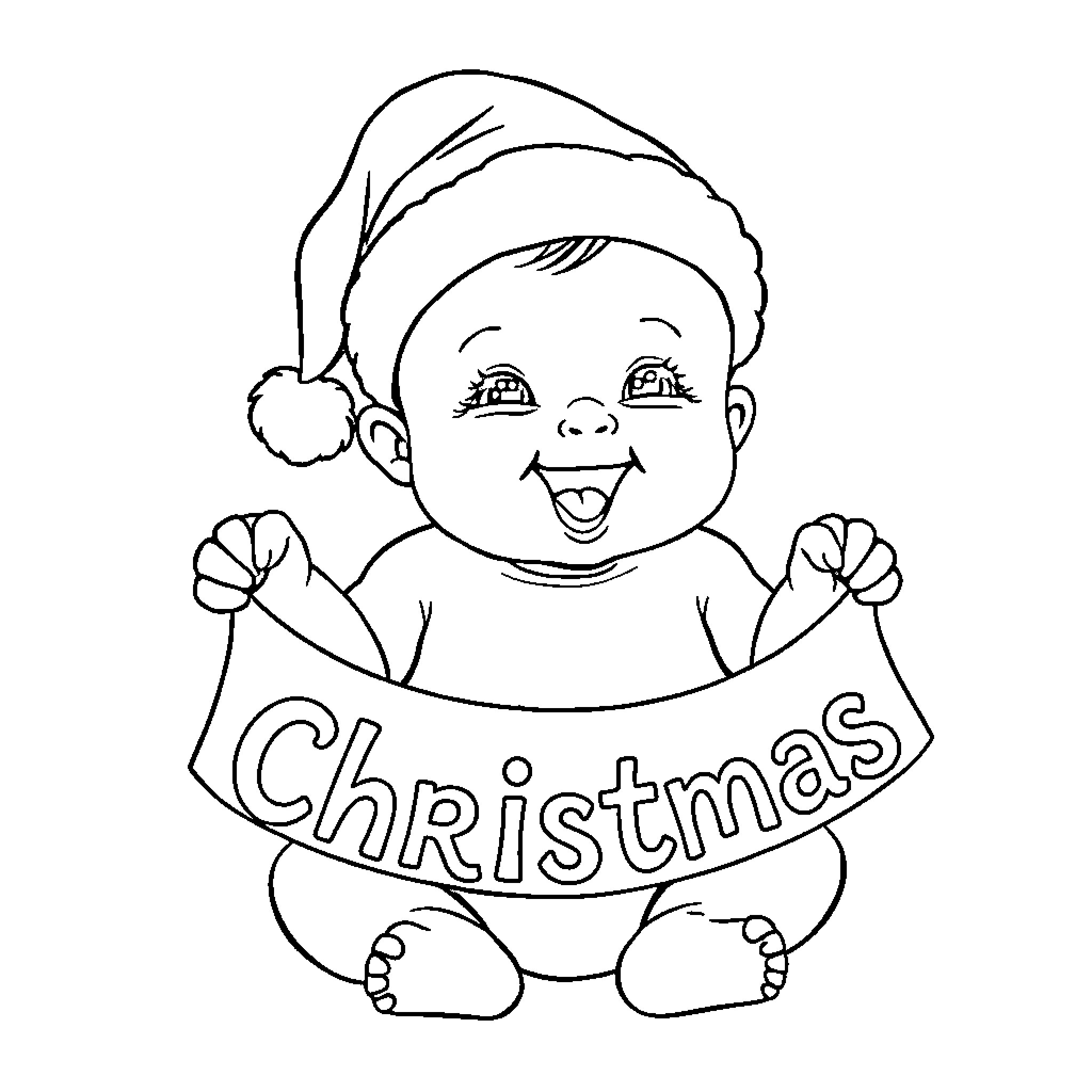 Baby celebrating Christmas joyfully Coloring Page (free black-and-white line drawing printable PDF for all, from beginners to advanced learners, including children, teens, adults, and seniors)