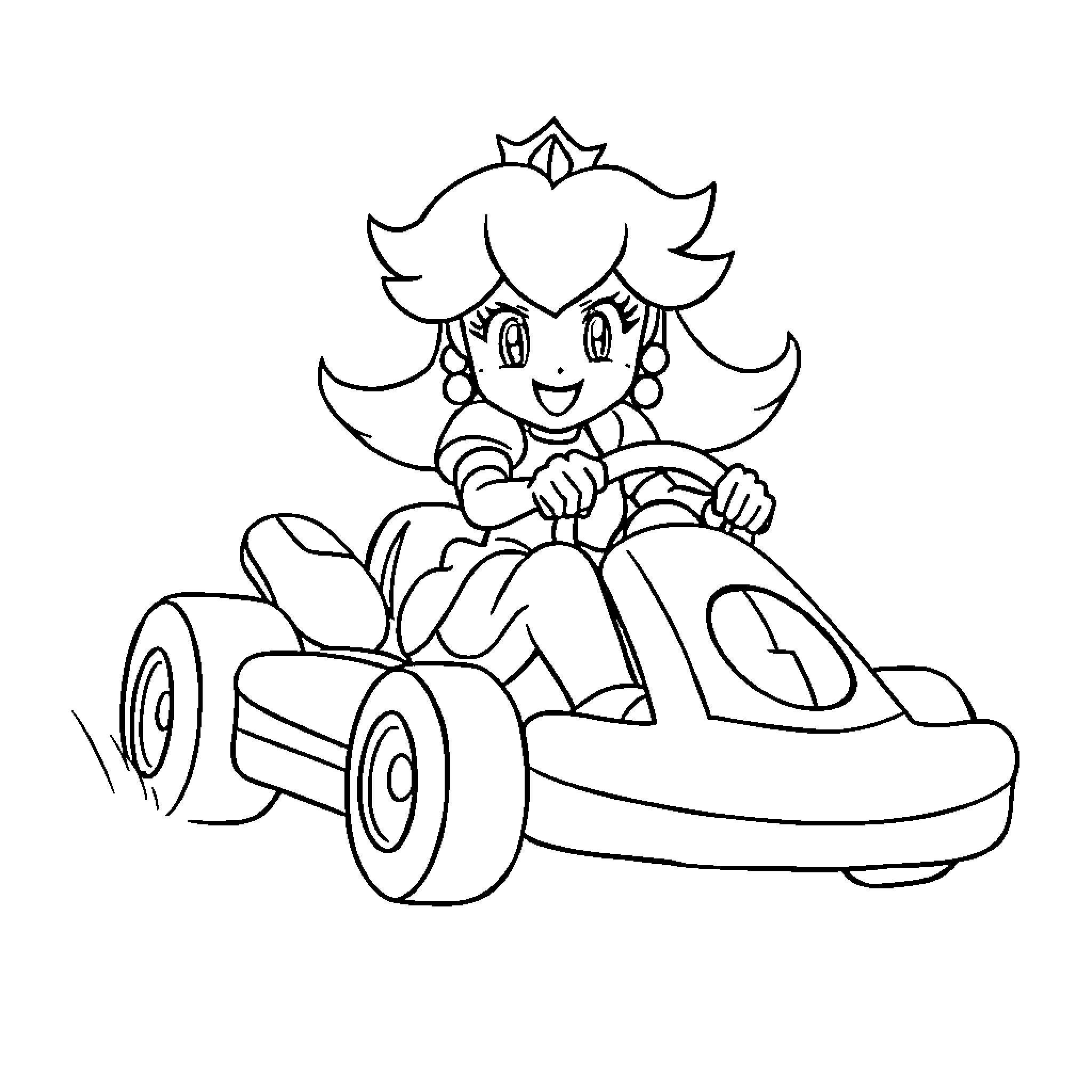 Peach driving her kart joyfully Coloring Page (free black-and-white line drawing printable PDF for all, from beginners to advanced learners, including children, teens, adults, and seniors)