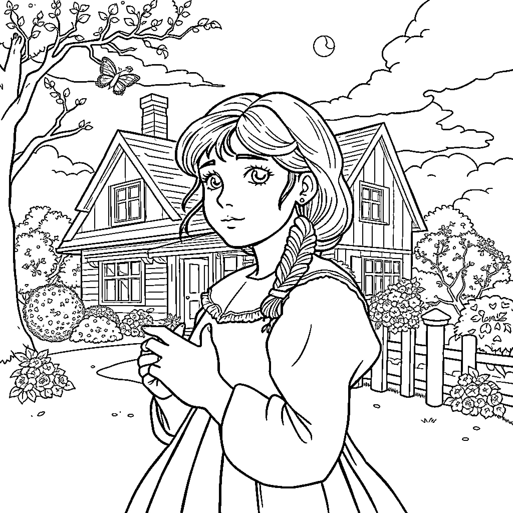 Anne's Cozy Cottage Adventure Coloring Page (free black-and-white line drawing printable PDF for all, from beginners to advanced learners, including children, teens, adults, and seniors)