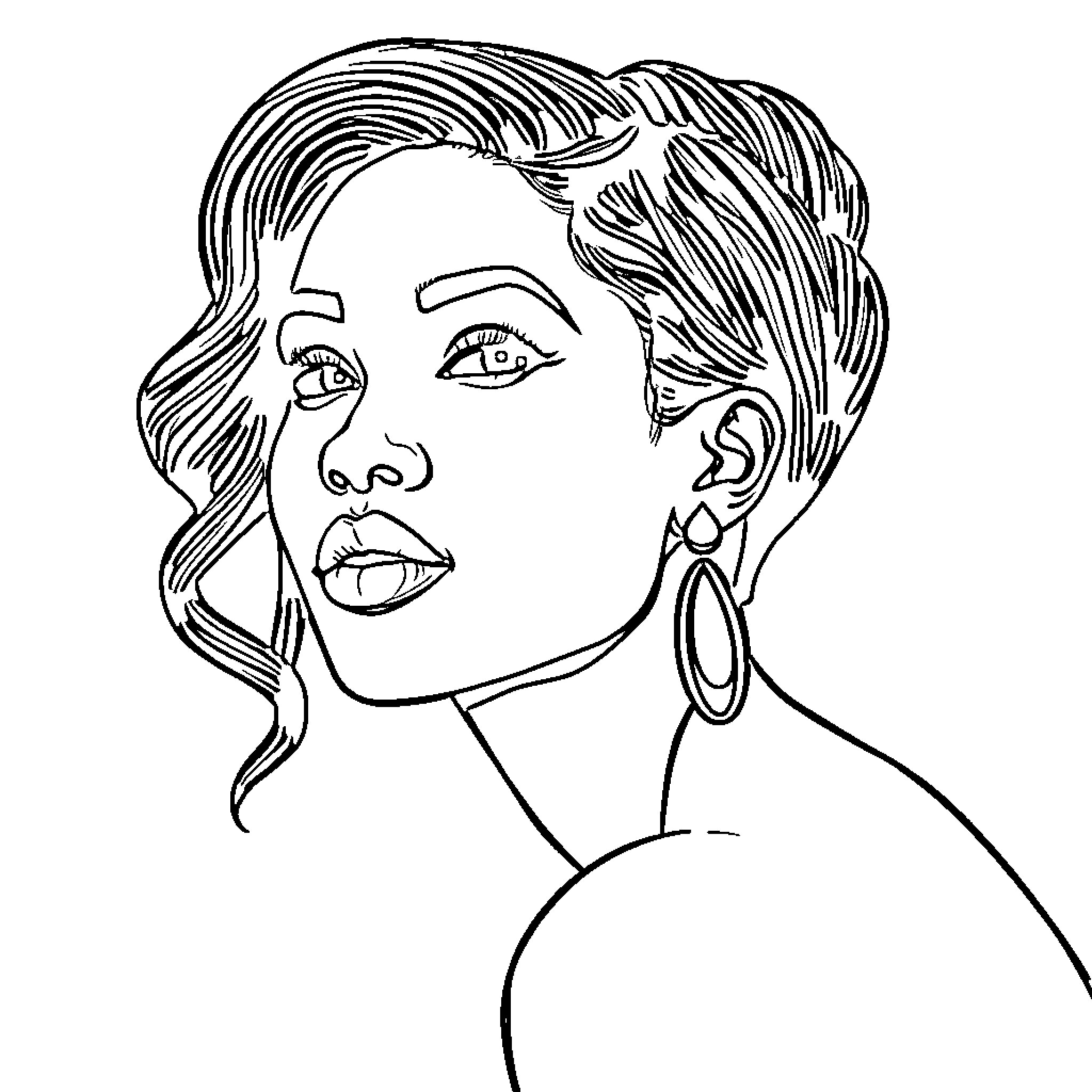 Woman with Stylish Hairstyle and Jewelry Coloring Page (free black-and-white line drawing printable PDF for all, from beginners to advanced learners, including children, teens, adults, and seniors)