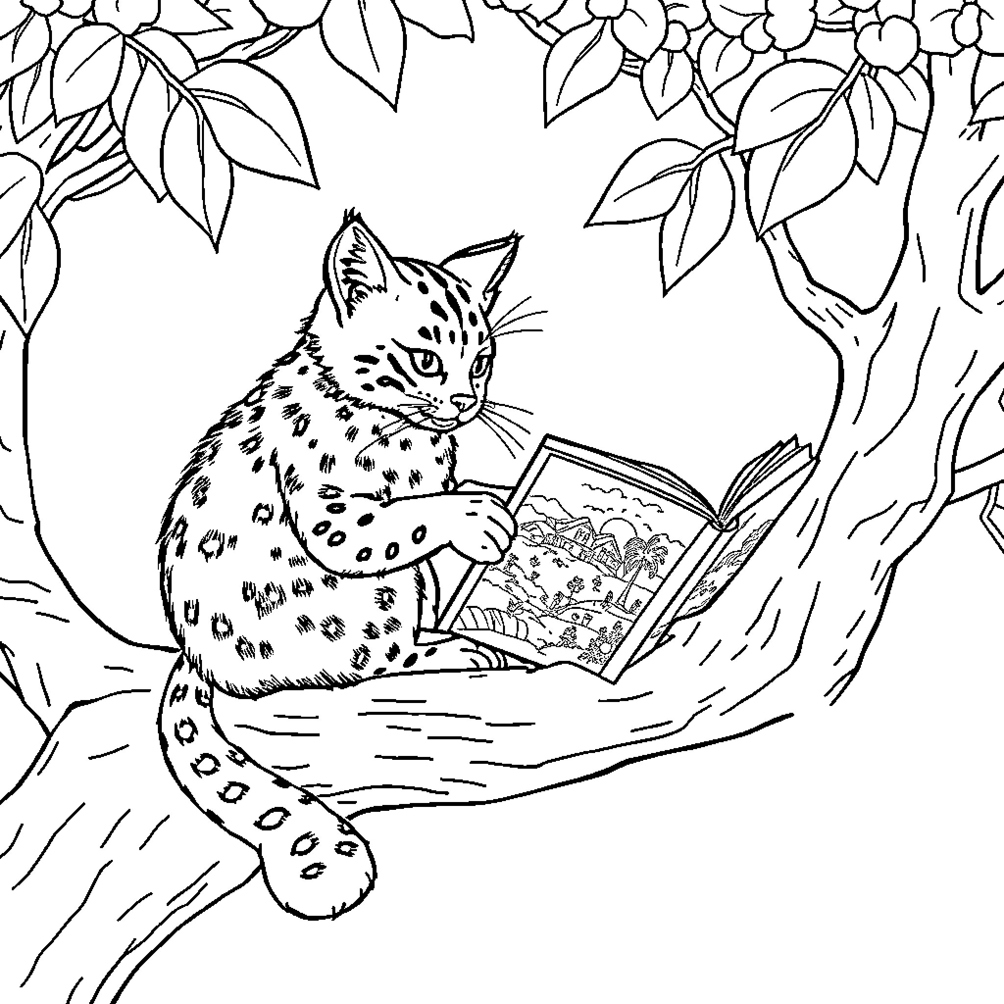 Wildcat reading a book in the forest Coloring Page (free black-and-white line drawing printable PDF for all, from beginners to advanced learners, including children, teens, adults, and seniors)