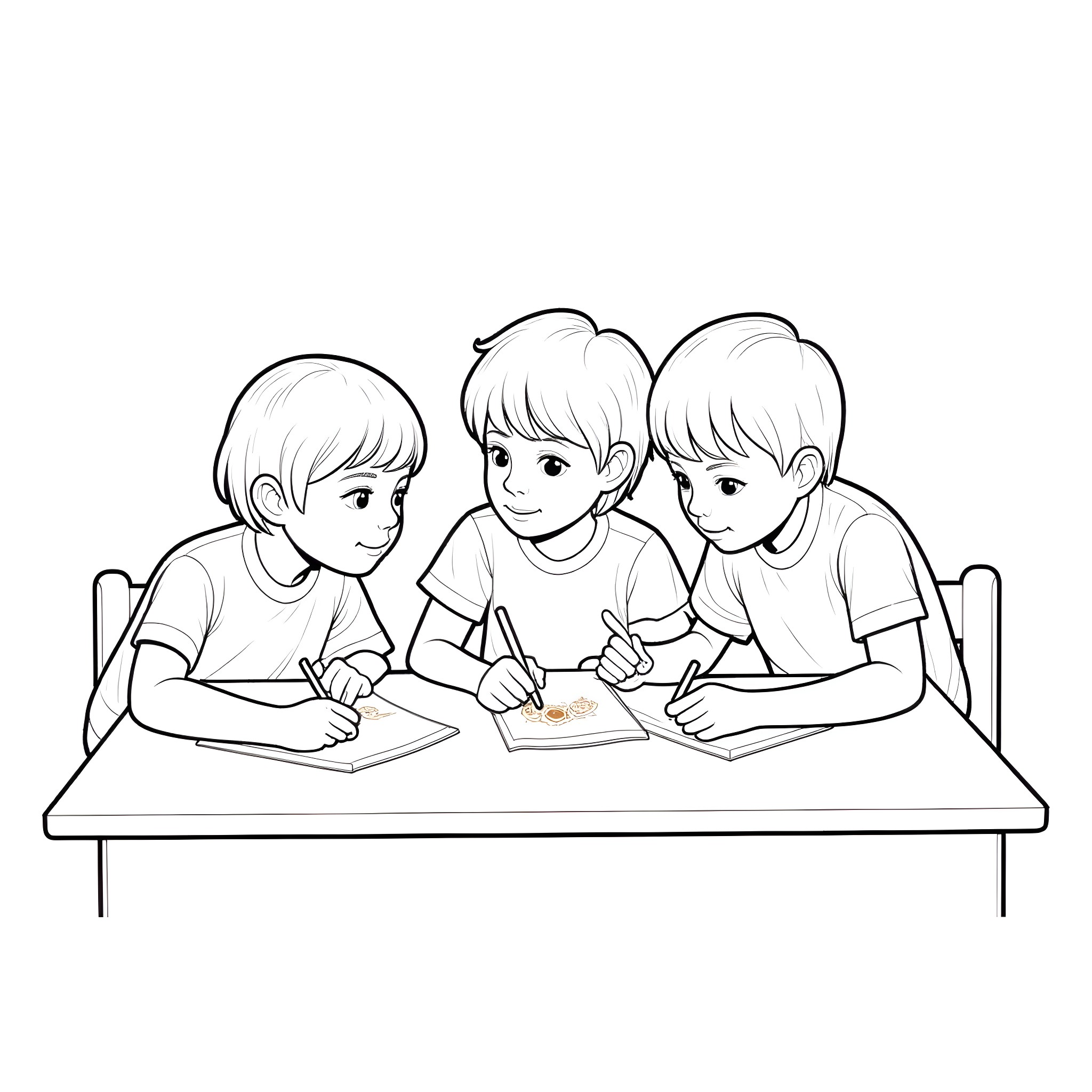 Child students working together on assignment Coloring Page (free black-and-white line drawing printable PDF for all, from beginners to advanced learners, including children, teens, adults, and seniors)