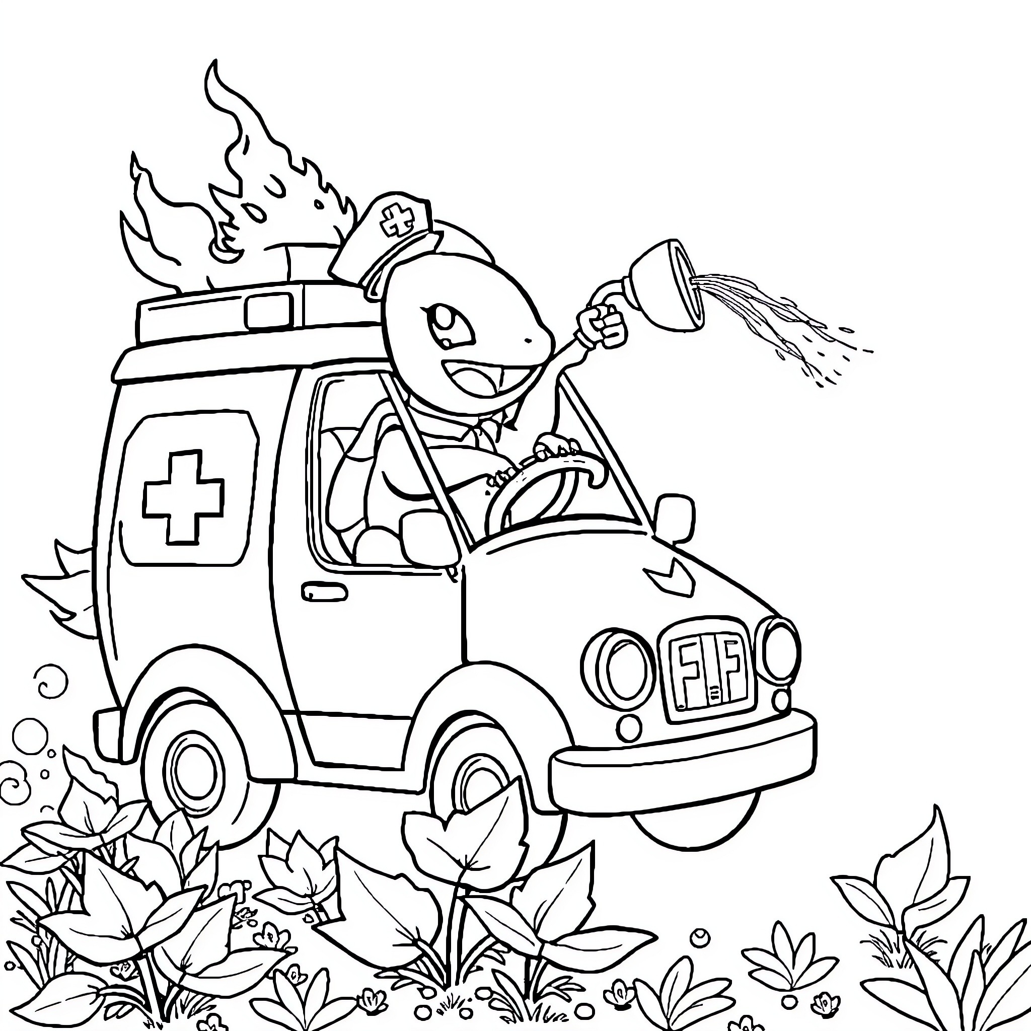 Charmander driving emergency vehicle through forest Coloring Page (free black-and-white line drawing printable PDF for all, from beginners to advanced learners, including children, teens, adults, and seniors)