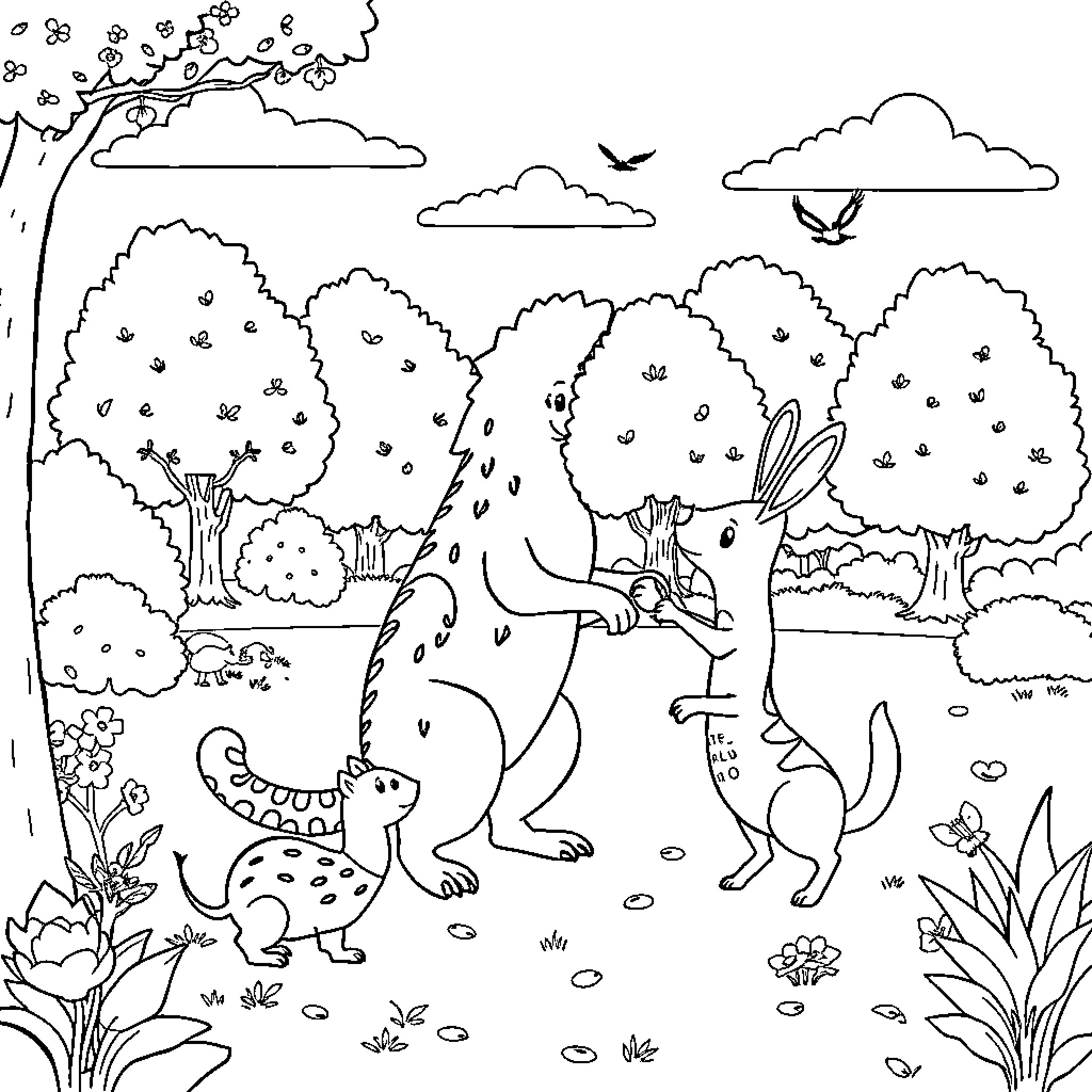 Animals playing in the forest Coloring Page (free black-and-white line drawing printable PDF for all, from beginners to advanced learners, including children, teens, adults, and seniors)