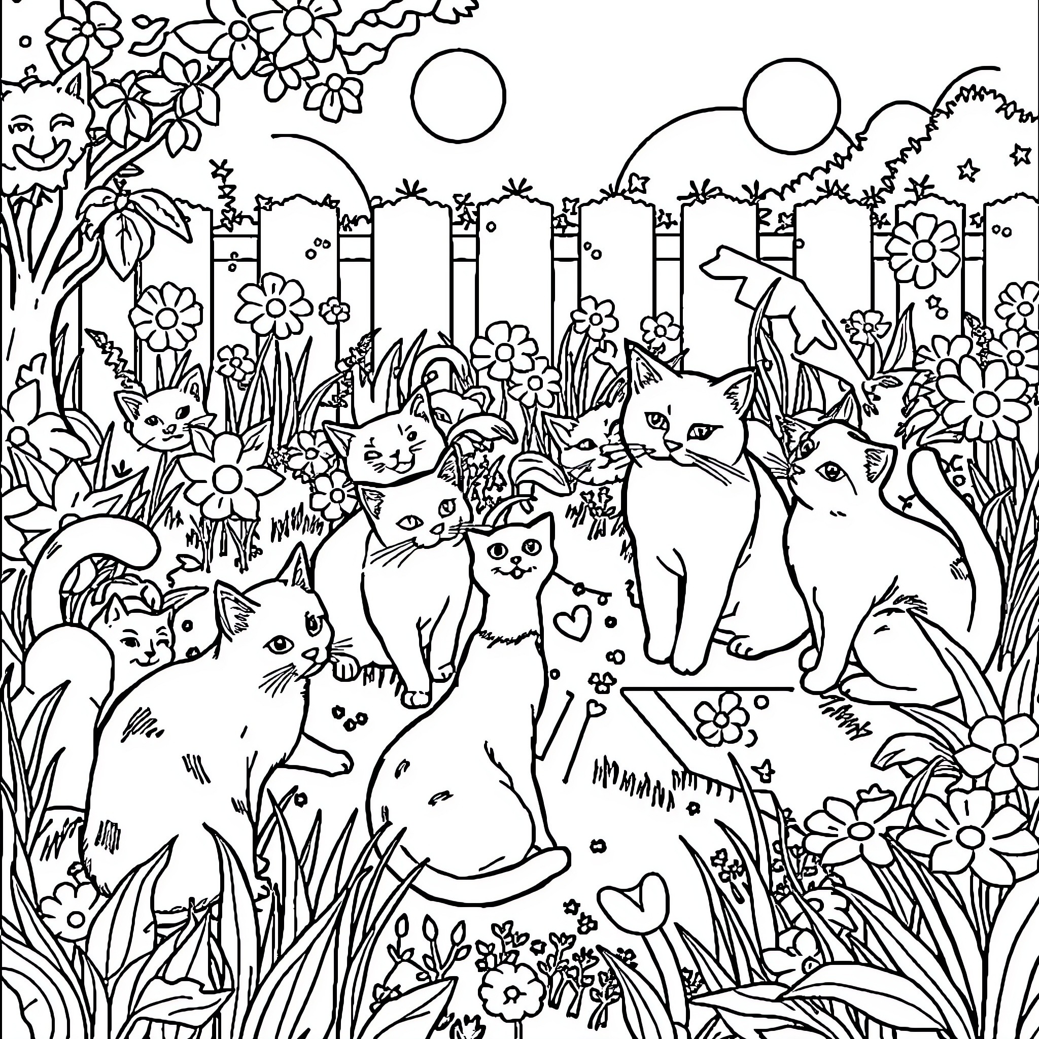 Cats in a Vibrant Garden Coloring Page (free black-and-white line drawing printable PDF for all, from beginners to advanced learners, including children, teens, adults, and seniors)