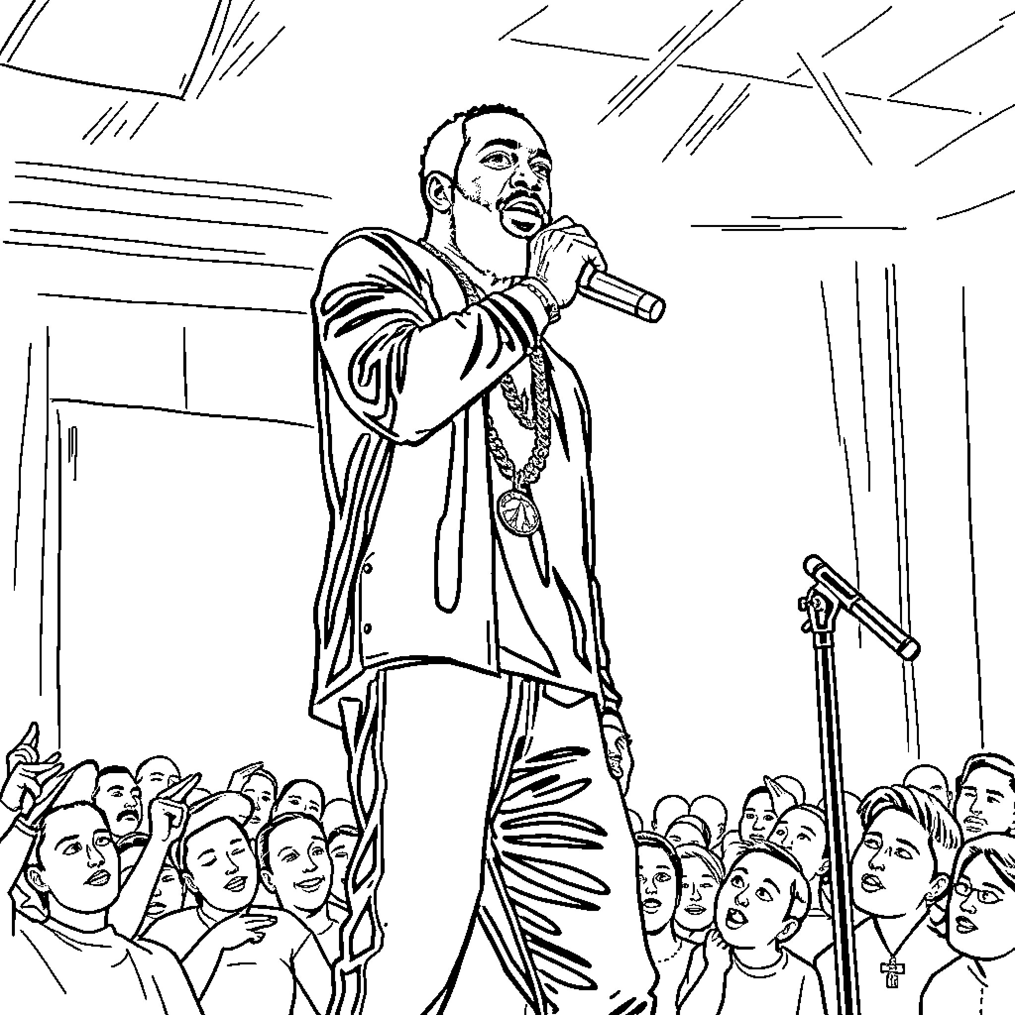 Nipsey Hussle performing on stage with a crowd Coloring Page (free black-and-white line drawing printable PDF for all, from beginners to advanced learners, including children, teens, adults, and seniors)