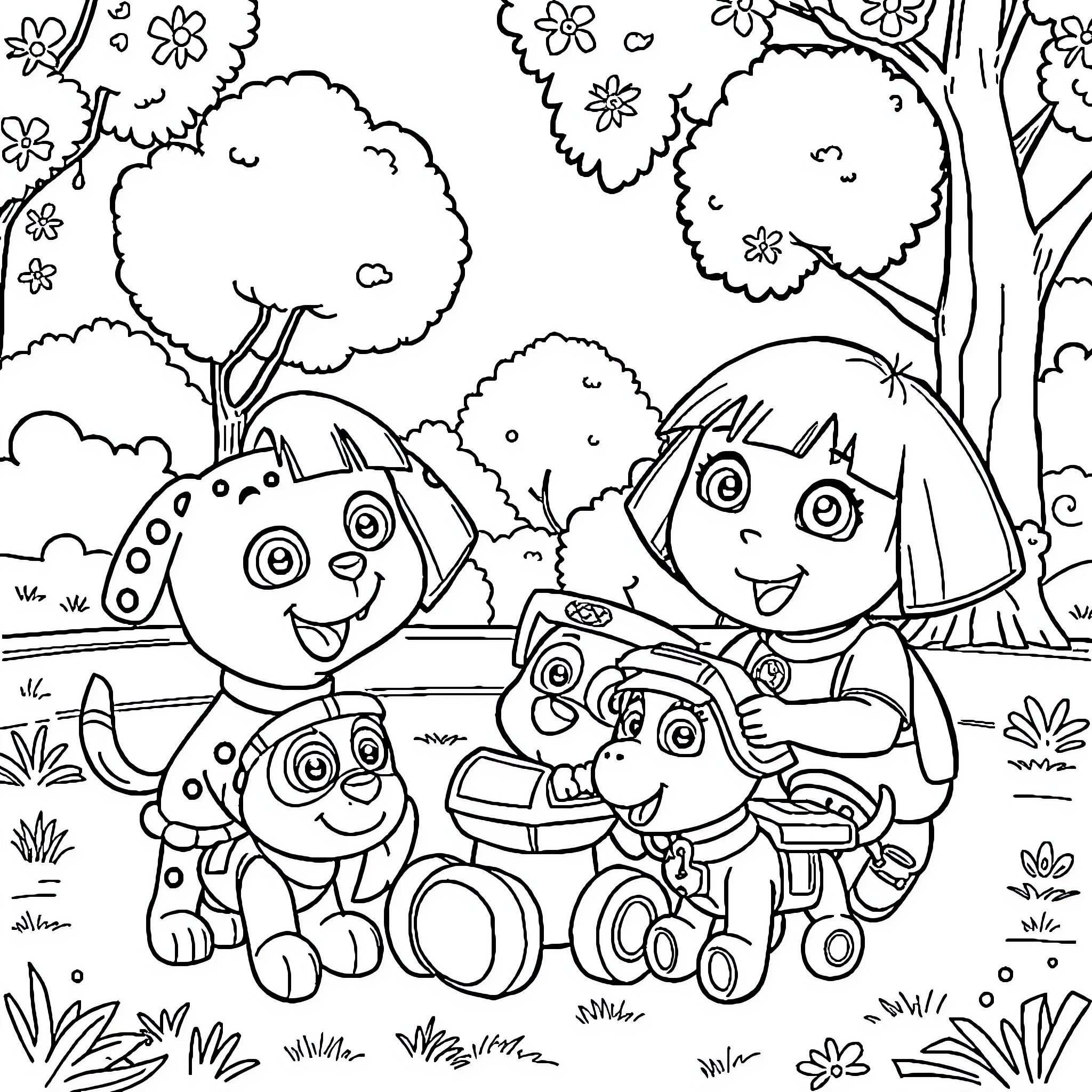 Dora and friends explore the colorful outdoors Coloring Page (free black-and-white line drawing printable PDF for all, from beginners to advanced learners, including children, teens, adults, and seniors)