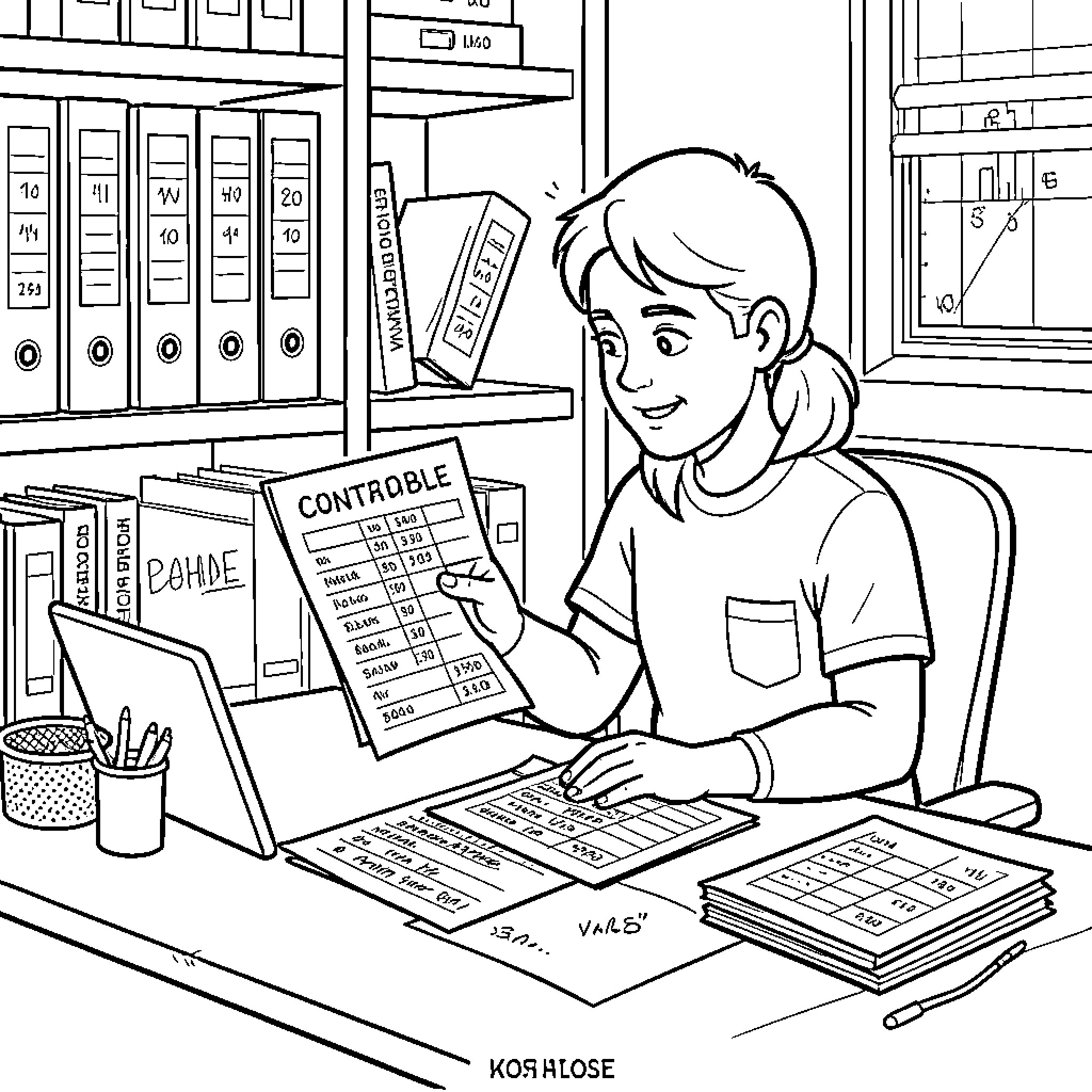 Countable Student Bookkeeping in Classroom Coloring Page (free black-and-white line drawing printable PDF for all, from beginners to advanced learners, including children, teens, adults, and seniors)