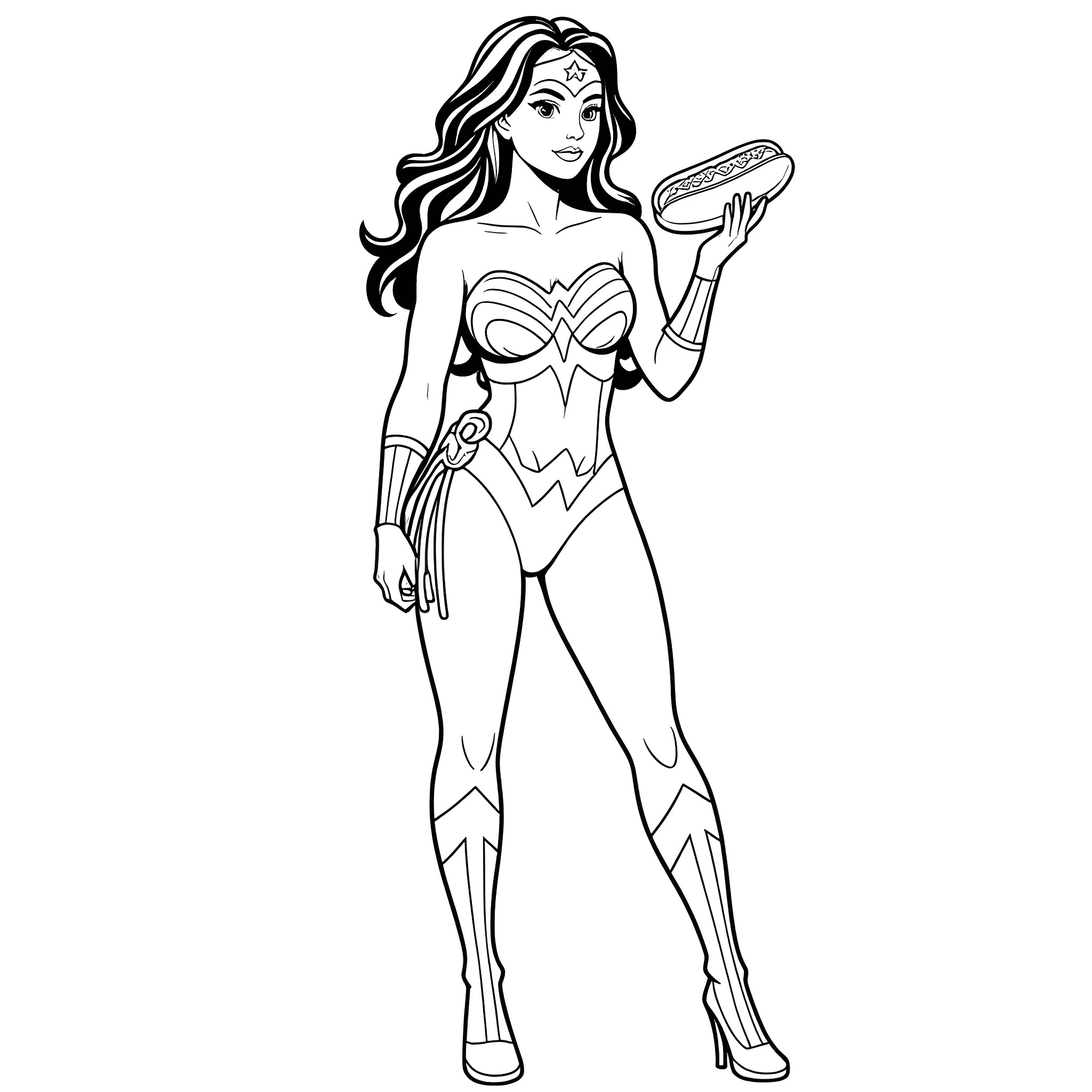 Wonder Woman Heroic Pose in Iconic Costume Coloring Page (free black-and-white line drawing printable PDF for all, from beginners to advanced learners, including children, teens, adults, and seniors)