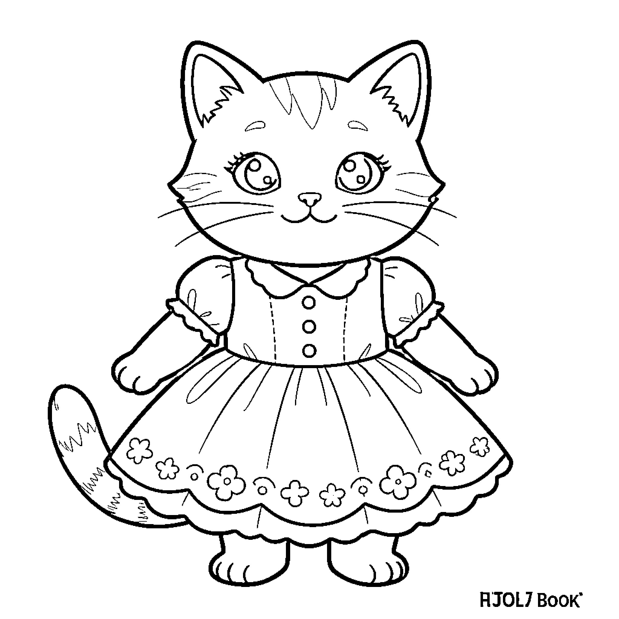 Cat dressed in a floral dress Coloring Page (free black-and-white line drawing printable PDF for all, from beginners to advanced learners, including children, teens, adults, and seniors)