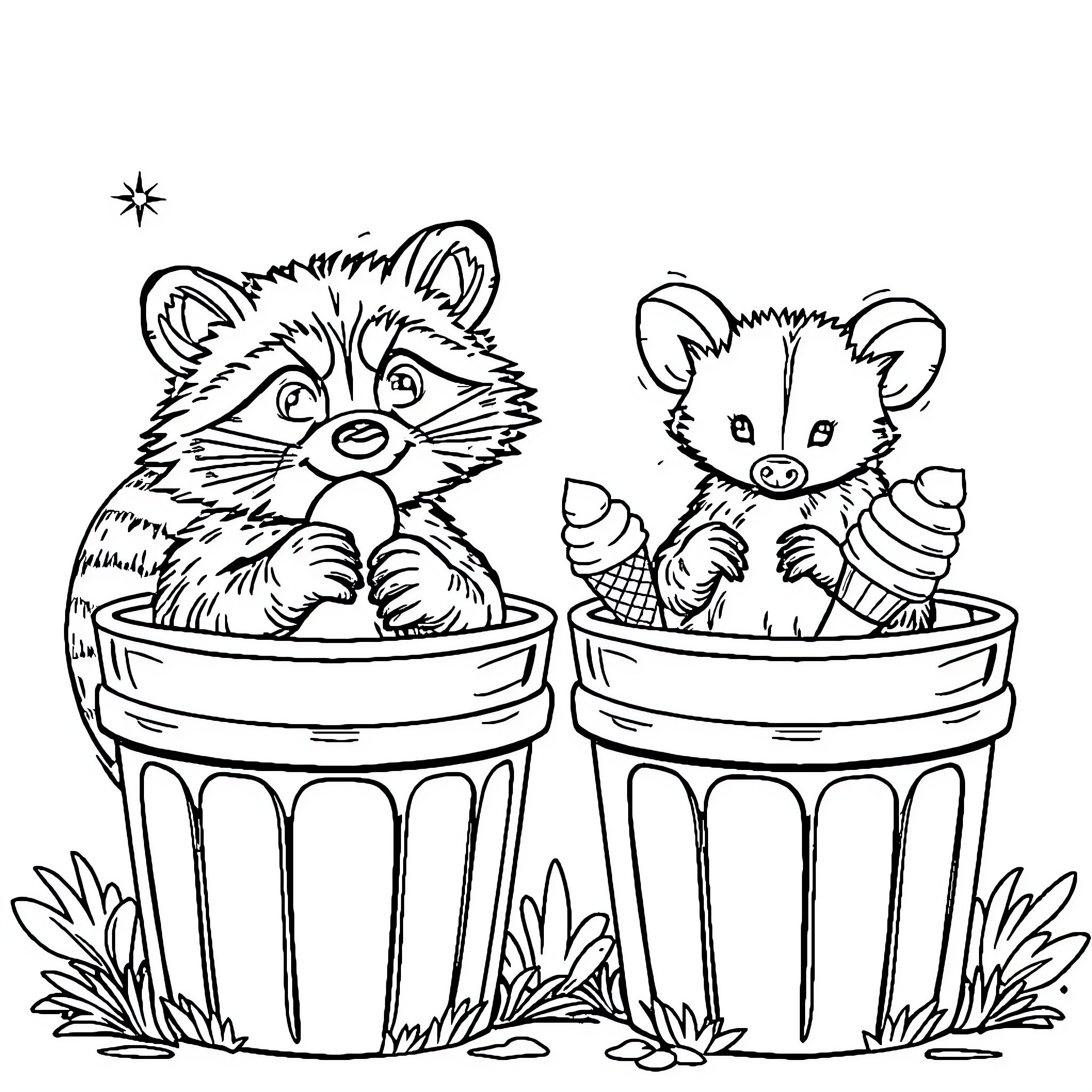 Raccoon friends enjoying their ice cream treats Coloring Page (free black-and-white line drawing printable PDF for all, from beginners to advanced learners, including children, teens, adults, and seniors)