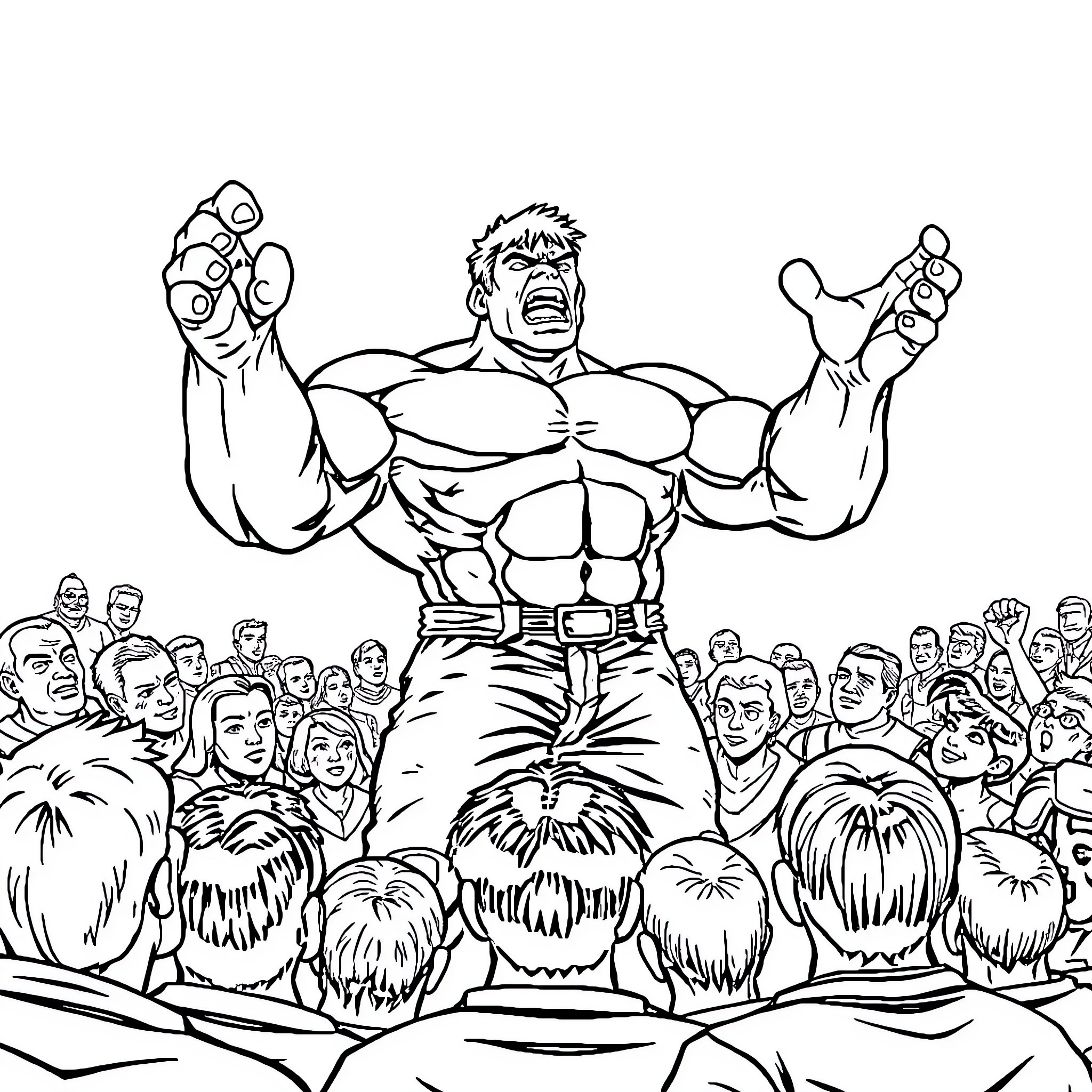 Hulk triumphing over the crowd in a dramatic display Coloring Page (free black-and-white line drawing printable PDF for all, from beginners to advanced learners, including children, teens, adults, and seniors)