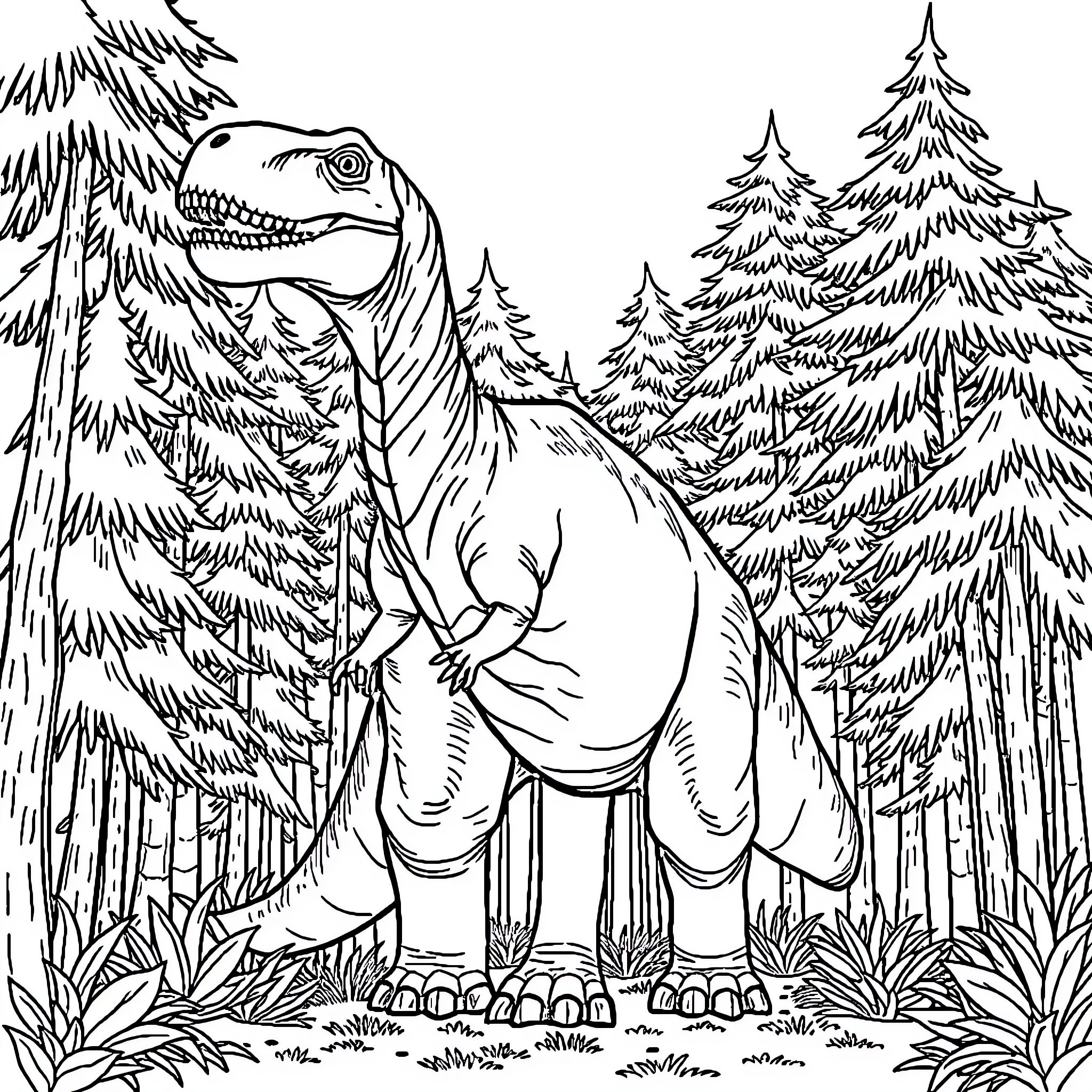 Dinosaur in the Enchanted Forest Coloring Page (free black-and-white line drawing printable PDF for all, from beginners to advanced learners, including children, teens, adults, and seniors)