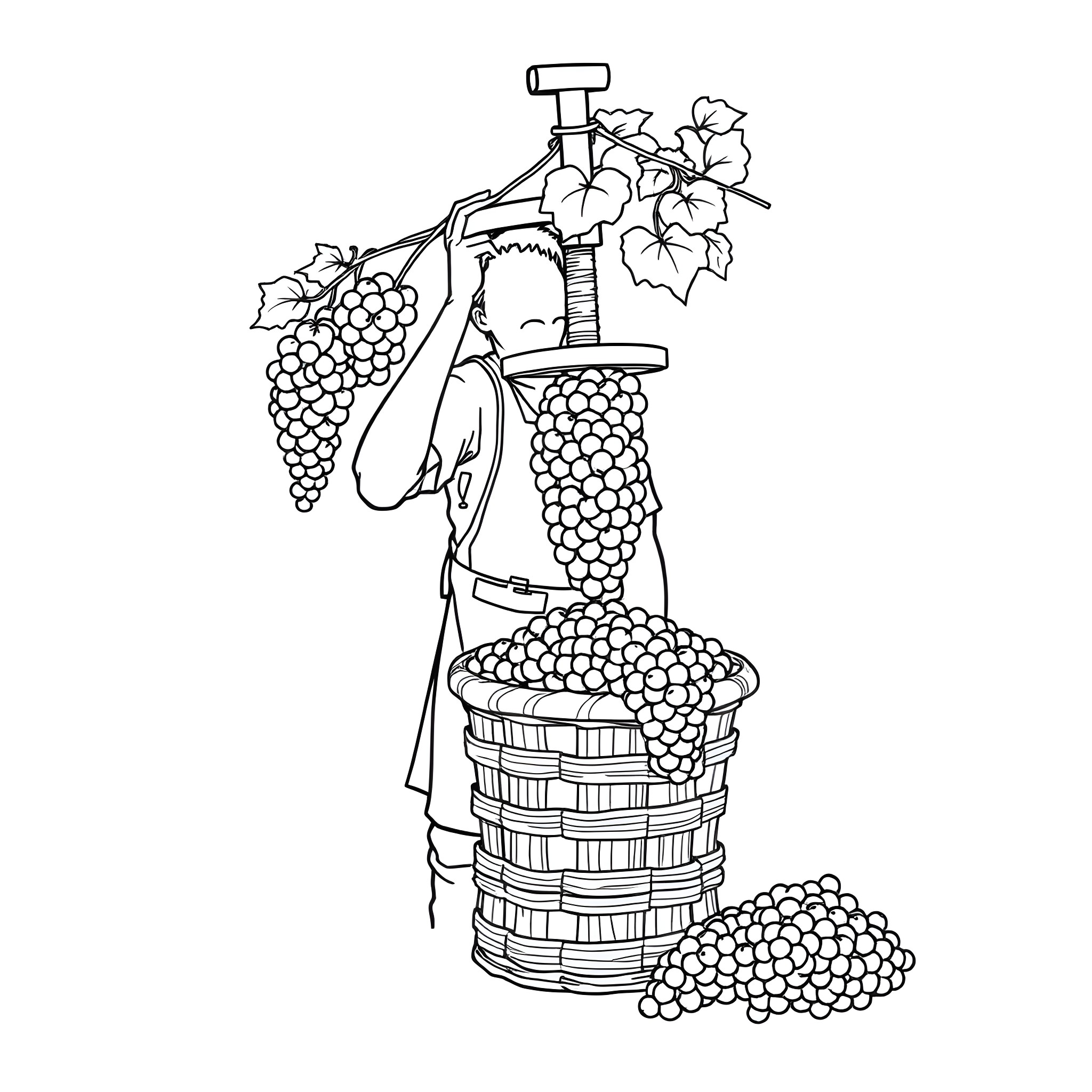 Wine Press with Clusters of Grapes Coloring Page (free black-and-white line drawing printable PDF for all, from beginners to advanced learners, including children, teens, adults, and seniors)
