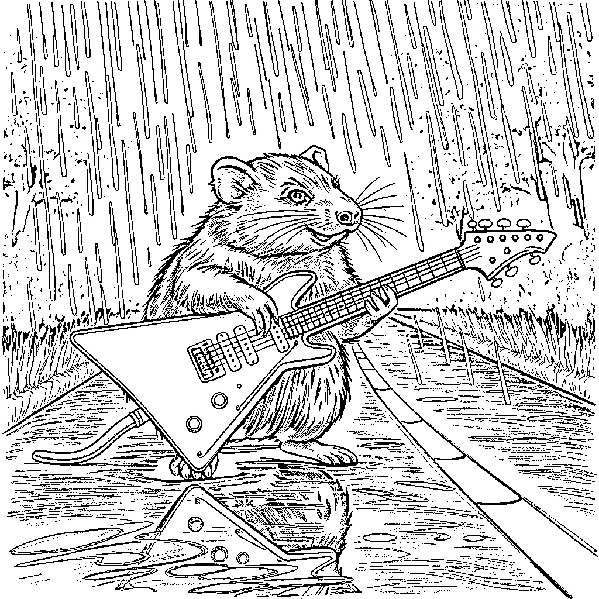Wombat playing electric guitar in the rain Coloring Page (free black-and-white line drawing printable PDF for all, from beginners to advanced learners, including children, teens, adults, and seniors)