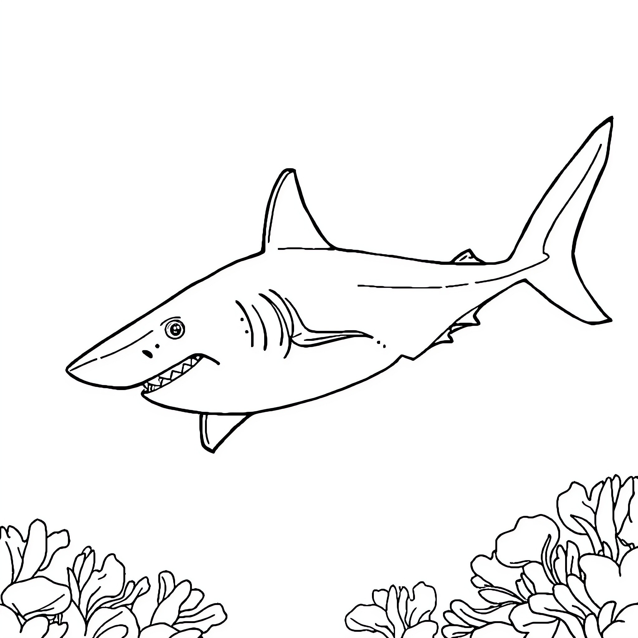 Thresher Shark swimming near ocean floor Coloring Page (free black-and-white line drawing printable PDF for all, from beginners to advanced learners, including children, teens, adults, and seniors)
