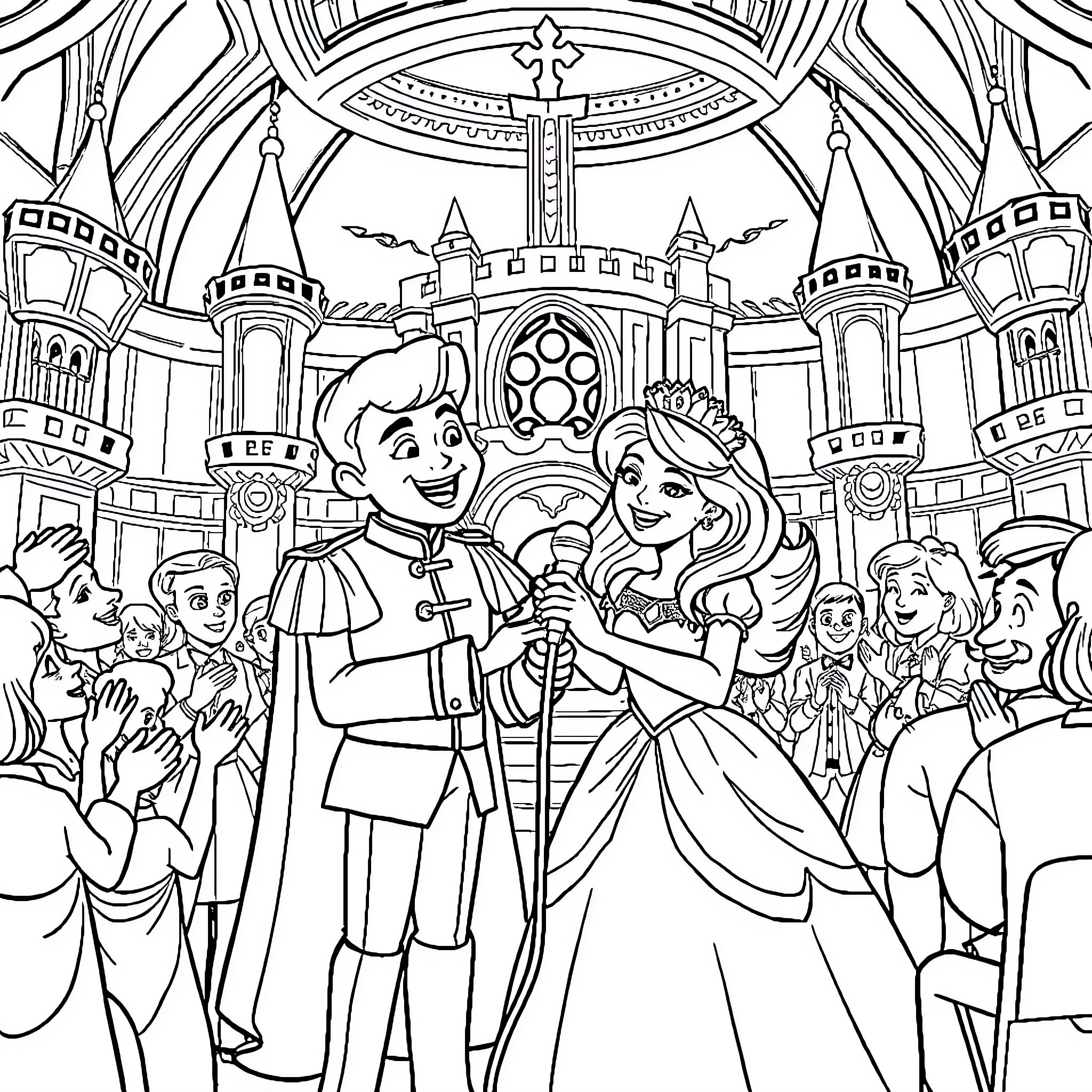 Prince and Princess in a Royal Castle Celebration Coloring Page (free black-and-white line drawing printable PDF for all, from beginners to advanced learners, including children, teens, adults, and seniors)