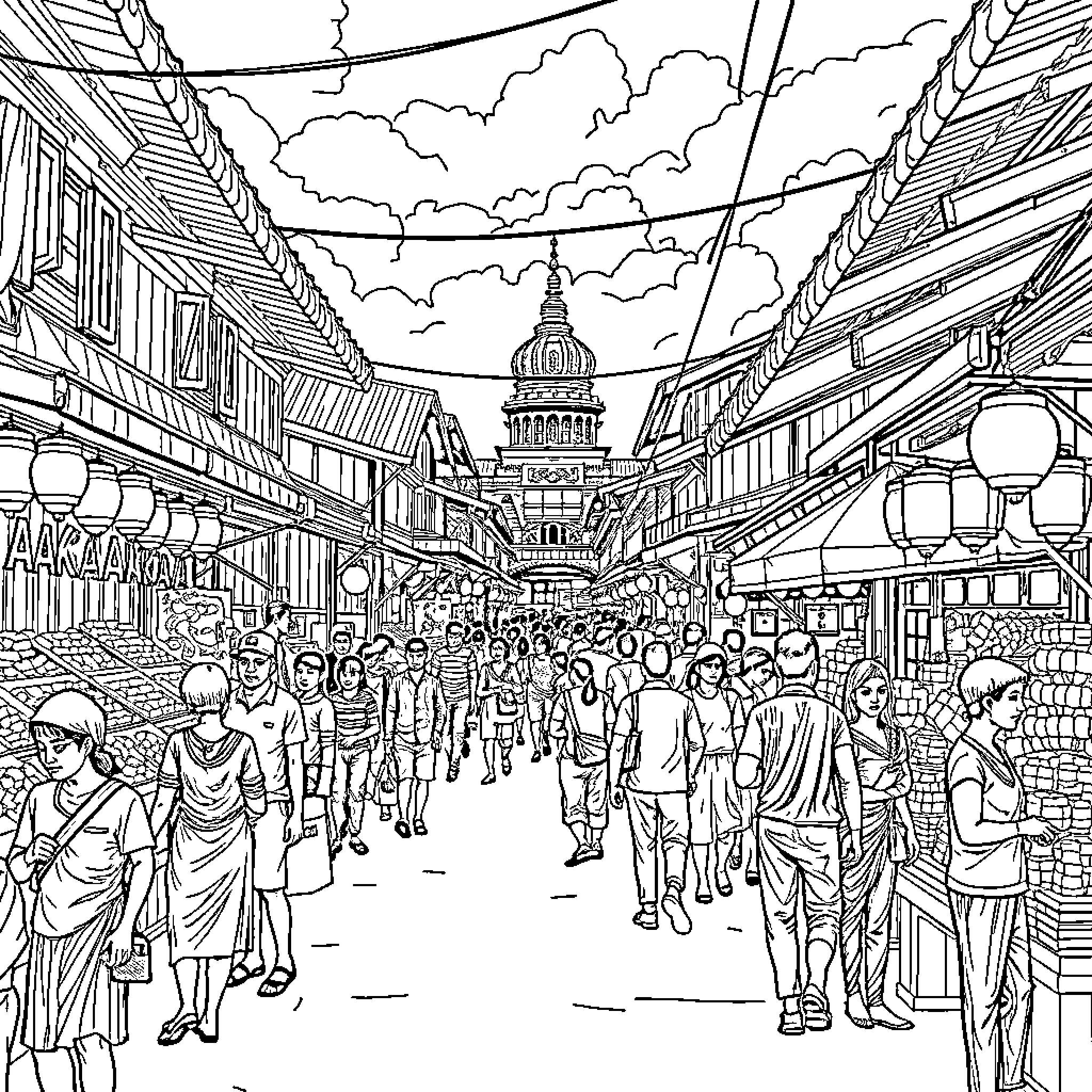 Lohanthany: Bustling Marketplace with Towering Architecture Coloring Page (free black-and-white line drawing printable PDF for all, from beginners to advanced learners, including children, teens, adults, and seniors)