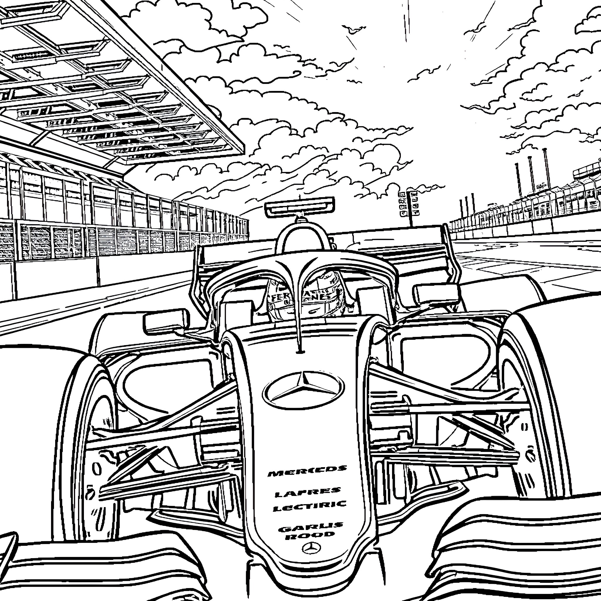 Charles Leclerc's Formula One Race Car on the Track Coloring Page (free black-and-white line drawing printable PDF for all, from beginners to advanced learners, including children, teens, adults, and seniors)