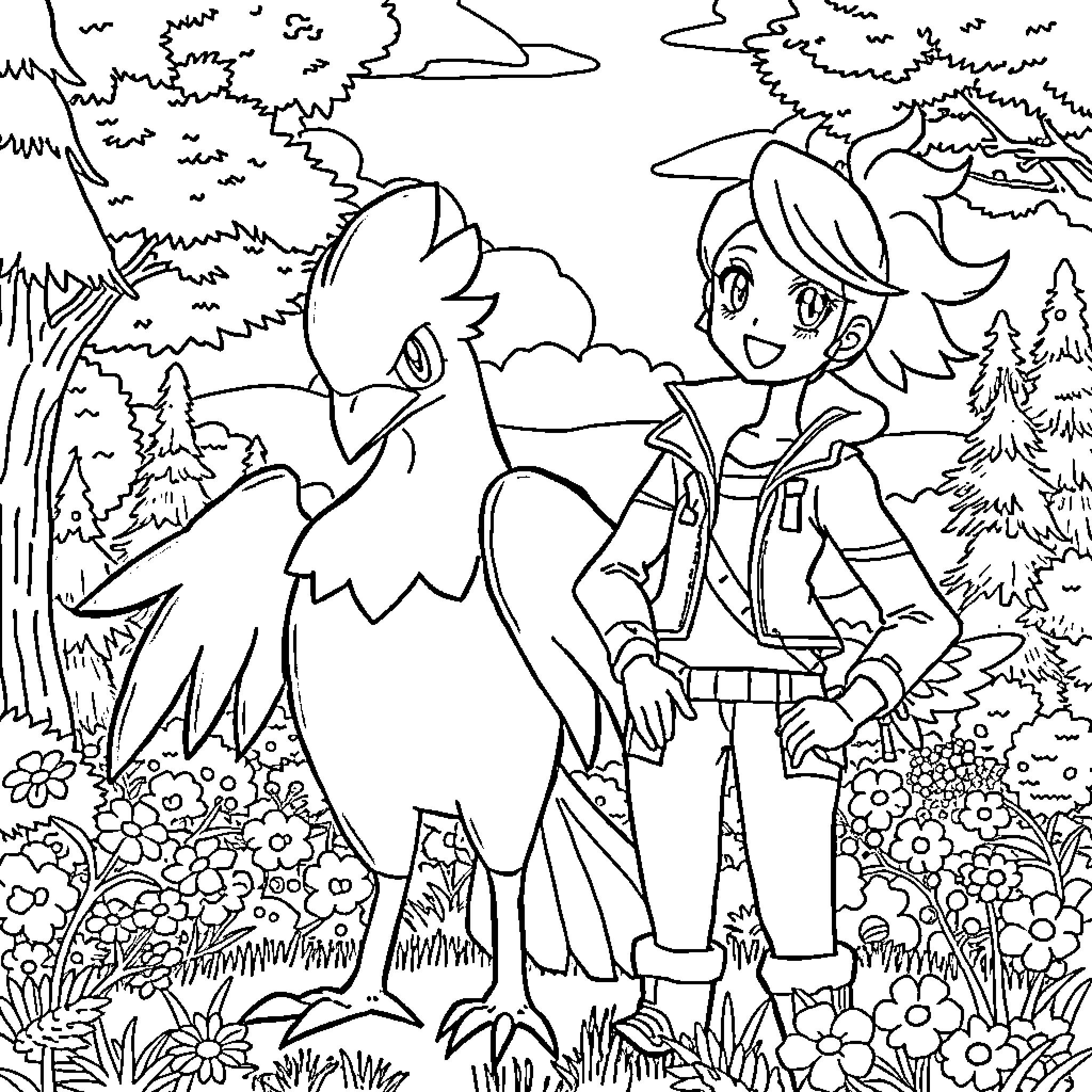 Corbeau: Friends in the Forest Coloring Page (free black-and-white line drawing printable PDF for all, from beginners to advanced learners, including children, teens, adults, and seniors)