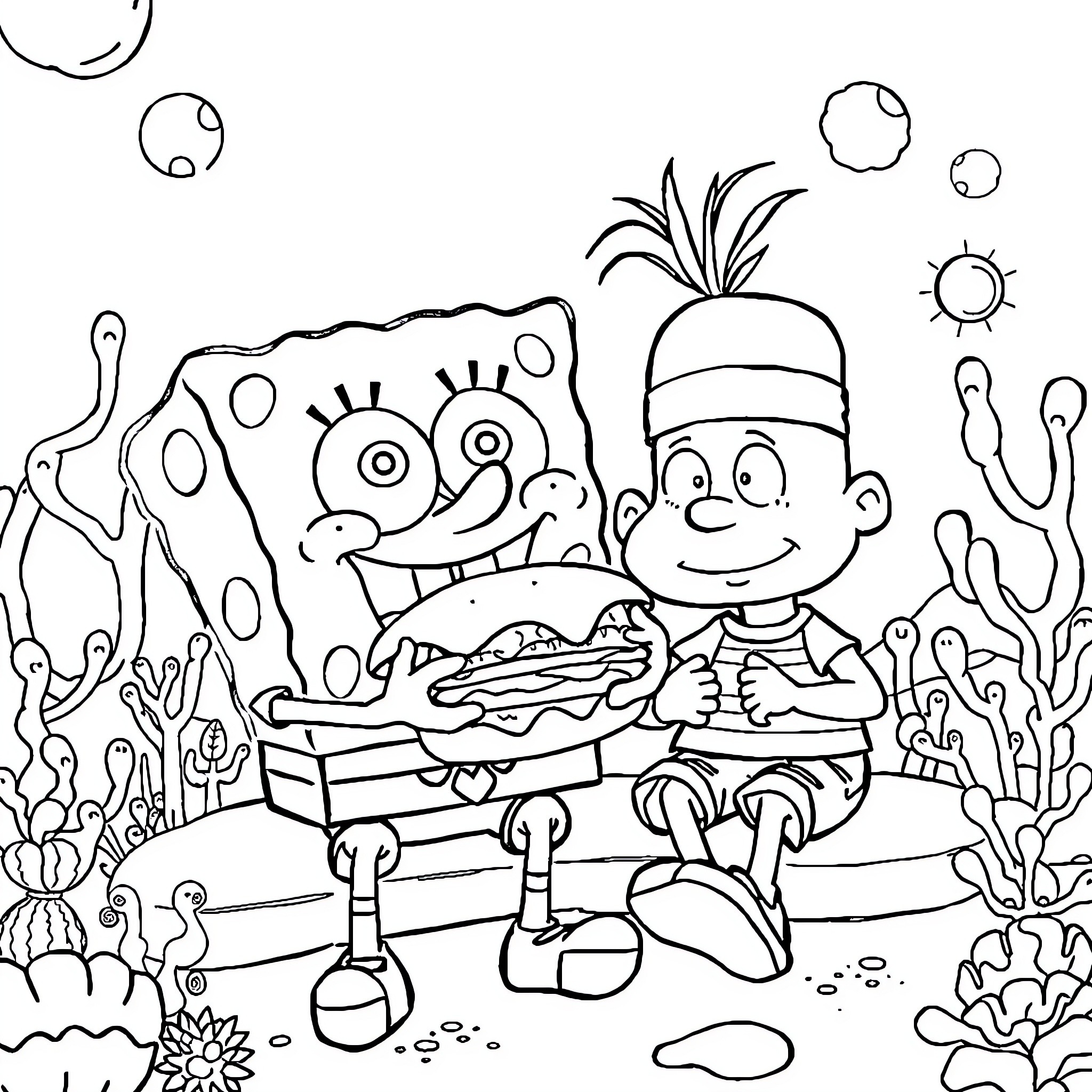 Spongebob and Patrick enjoying a picnic underwater Coloring Page (free black-and-white line drawing printable PDF for all, from beginners to advanced learners, including children, teens, adults, and seniors)