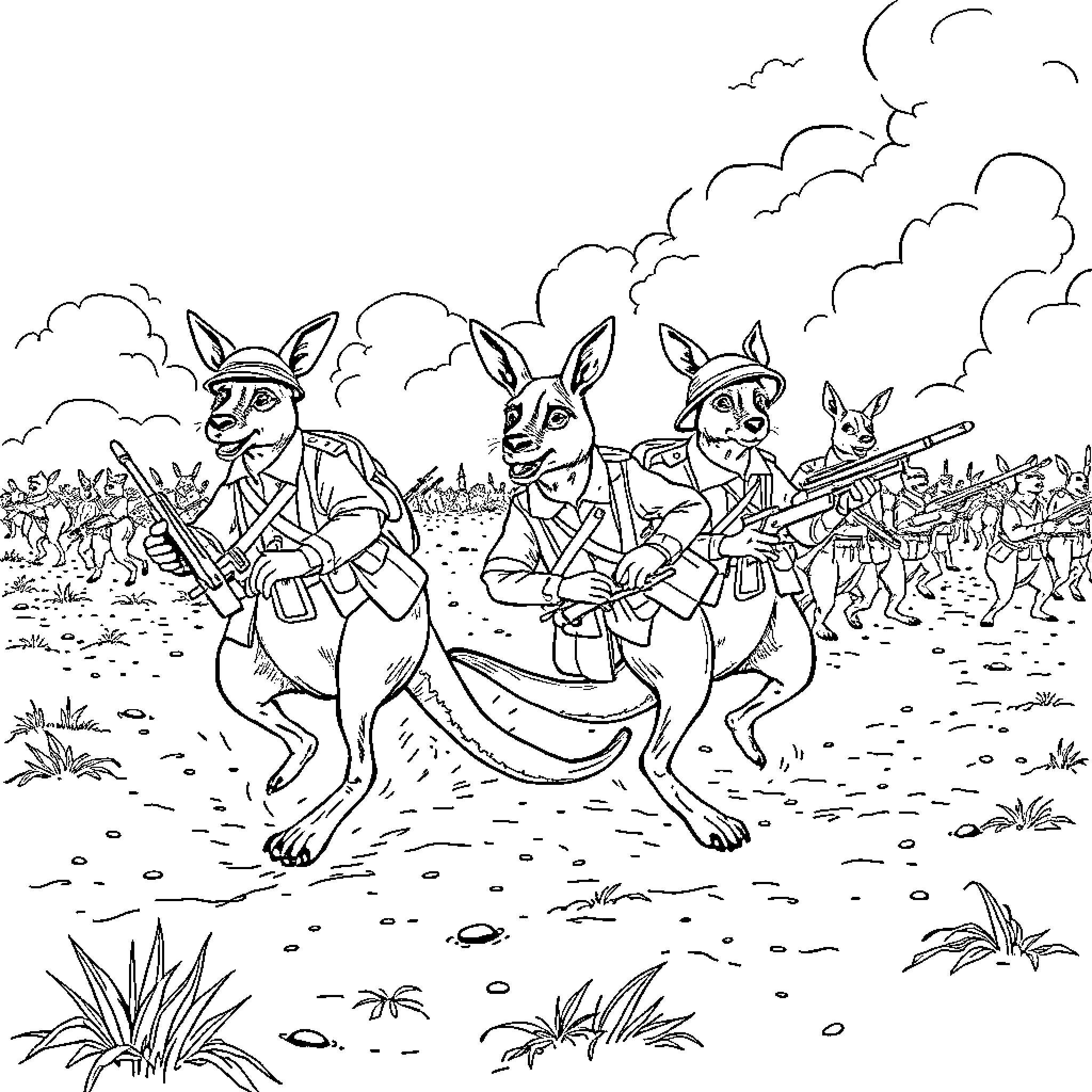 Kangaroo soldiers marching with weapons in a battle scene Coloring Page (free black-and-white line drawing printable PDF for all, from beginners to advanced learners, including children, teens, adults, and seniors)