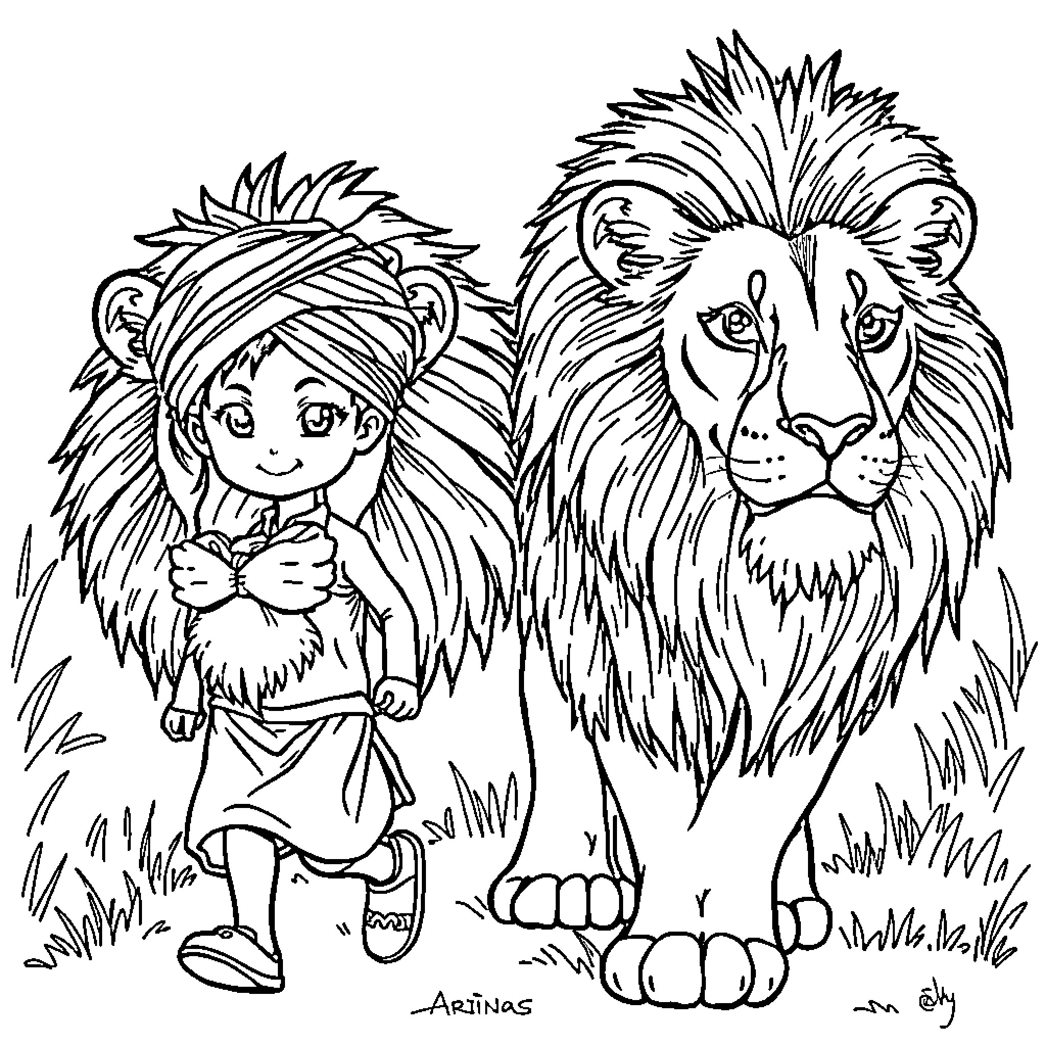 Boy exploring the wild with a majestic lion Coloring Page (free black-and-white line drawing printable PDF for all, from beginners to advanced learners, including children, teens, adults, and seniors)
