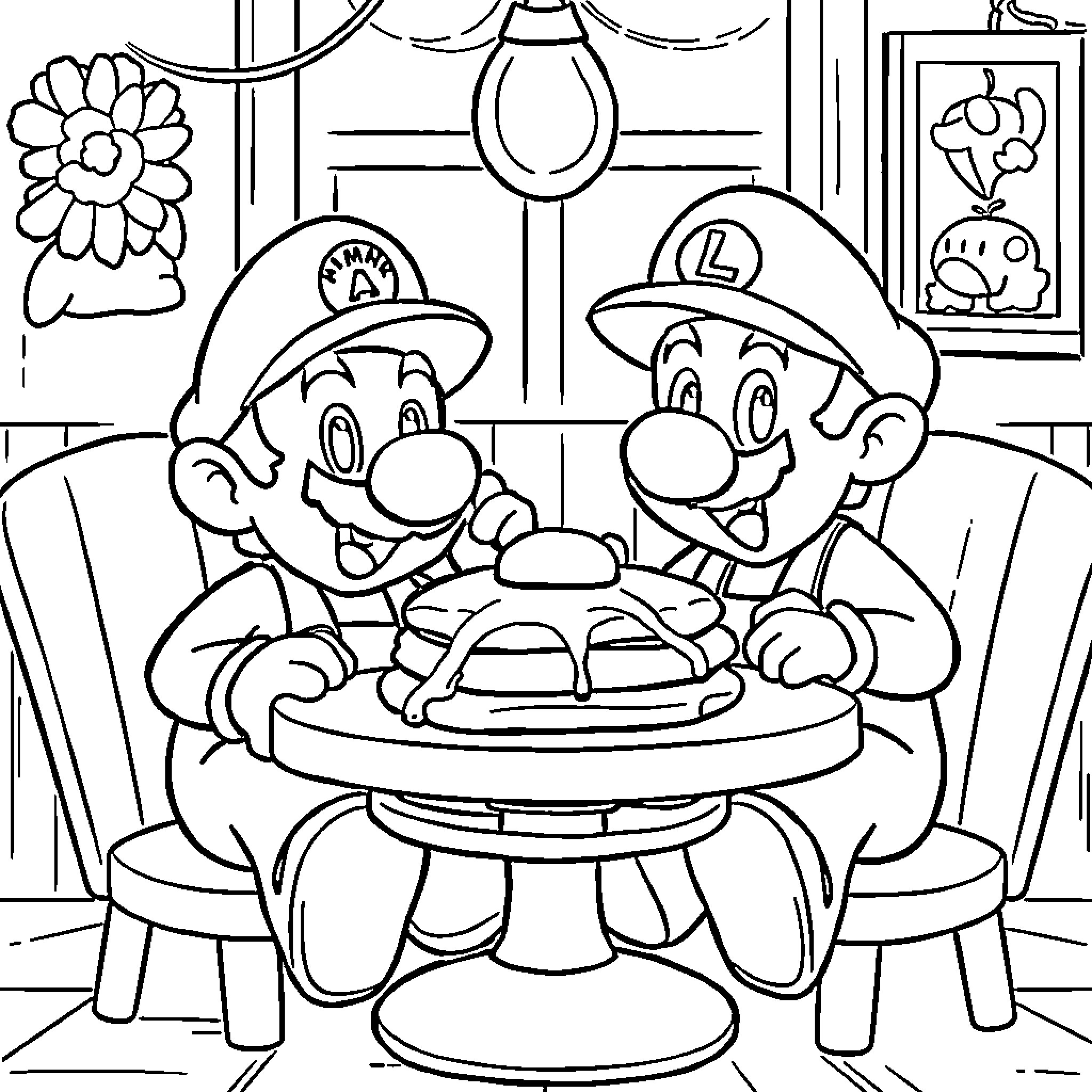 Super Mario Brothers Enjoy Dinner Together Coloring Page (free black-and-white line drawing printable PDF for all, from beginners to advanced learners, including children, teens, adults, and seniors)
